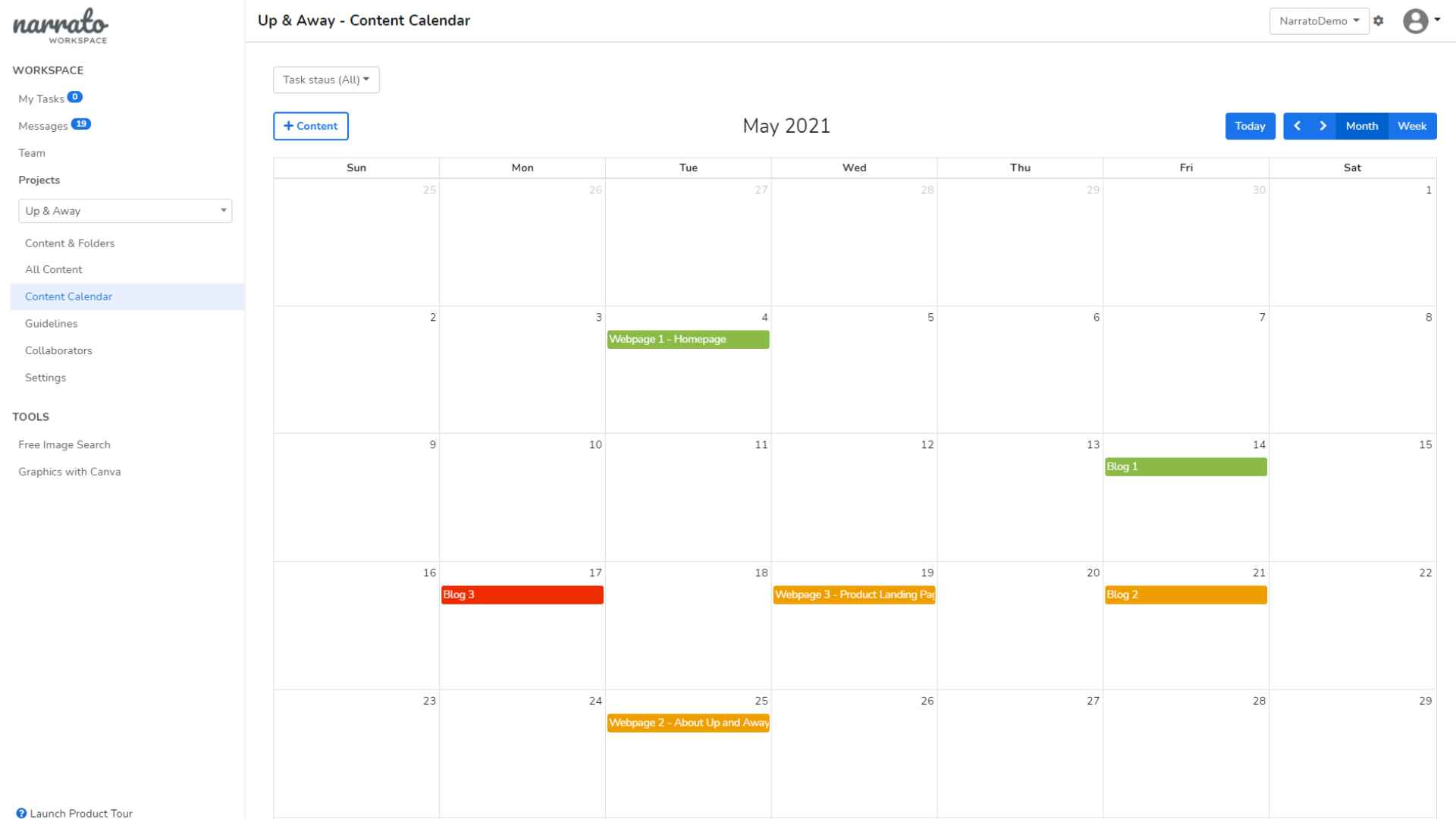 narrato workspace content calendar