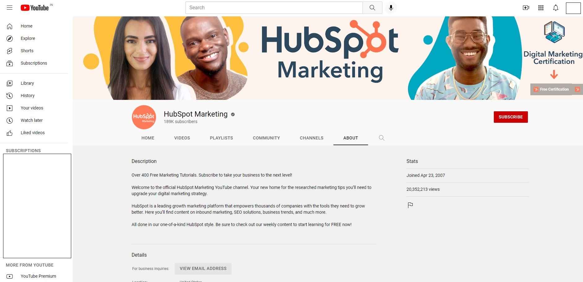 HubSpot Marketing YouTube channel