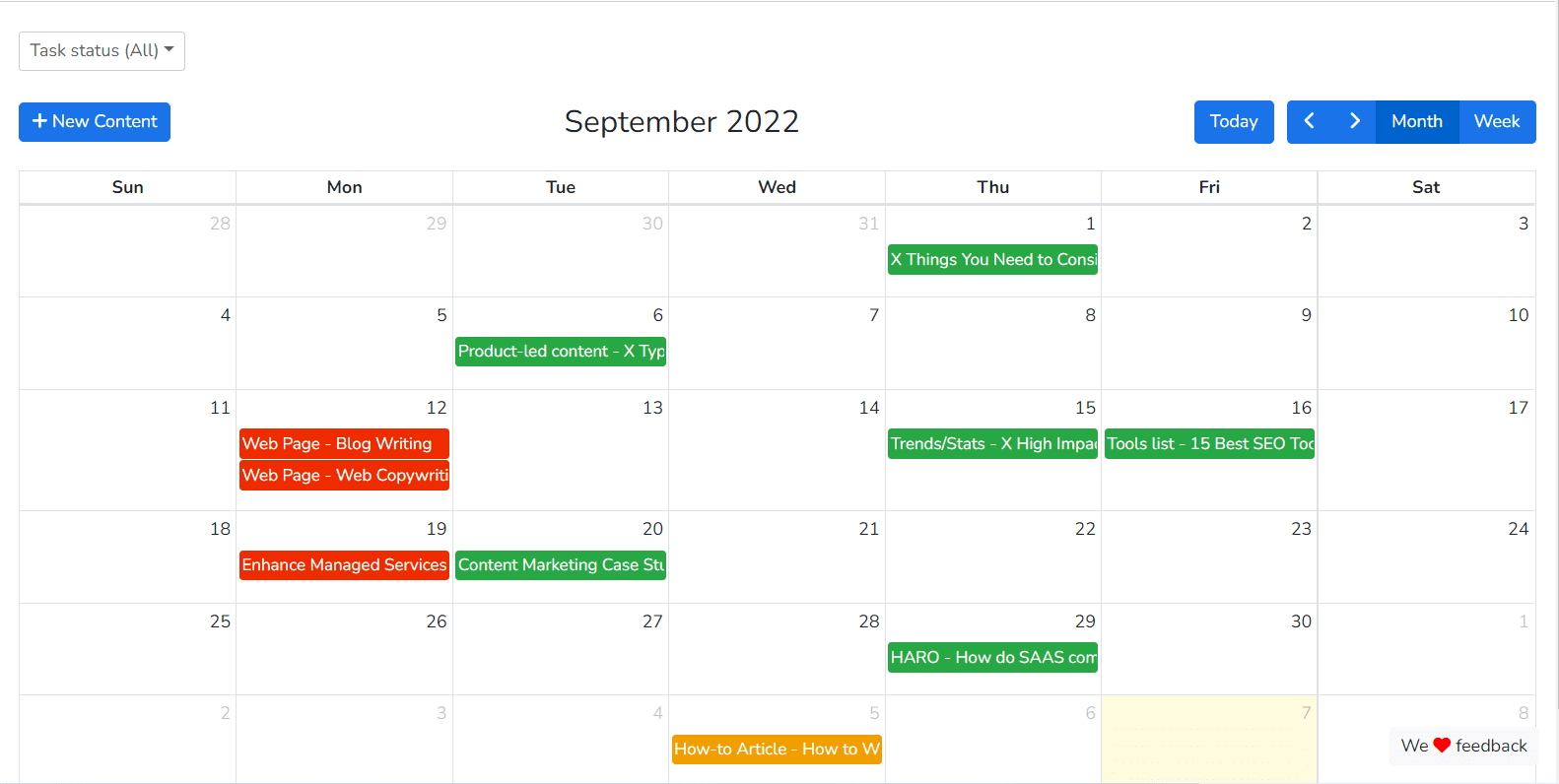 Narrato content calendar for content SEO planning