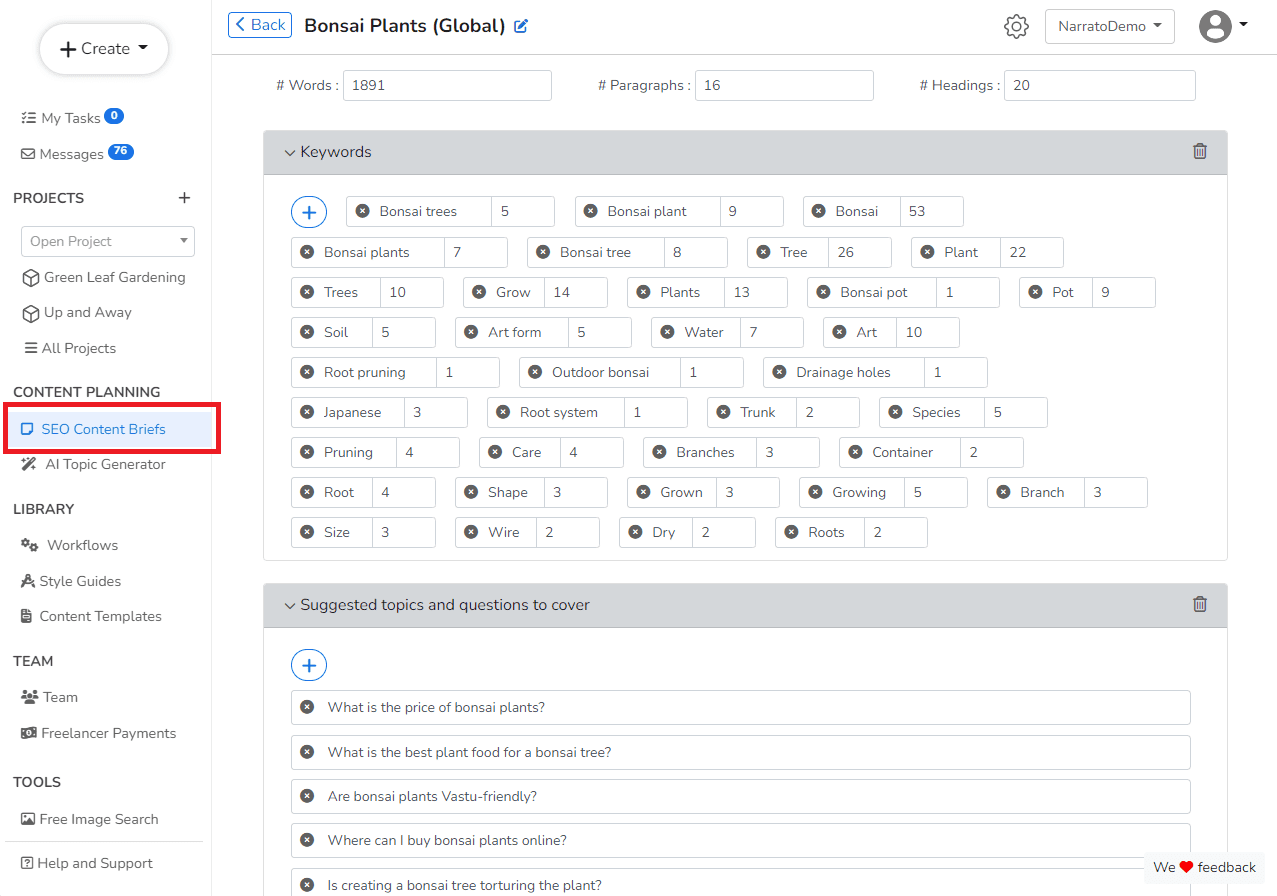 Content SEO Tool - Narrato SEO content brief generator