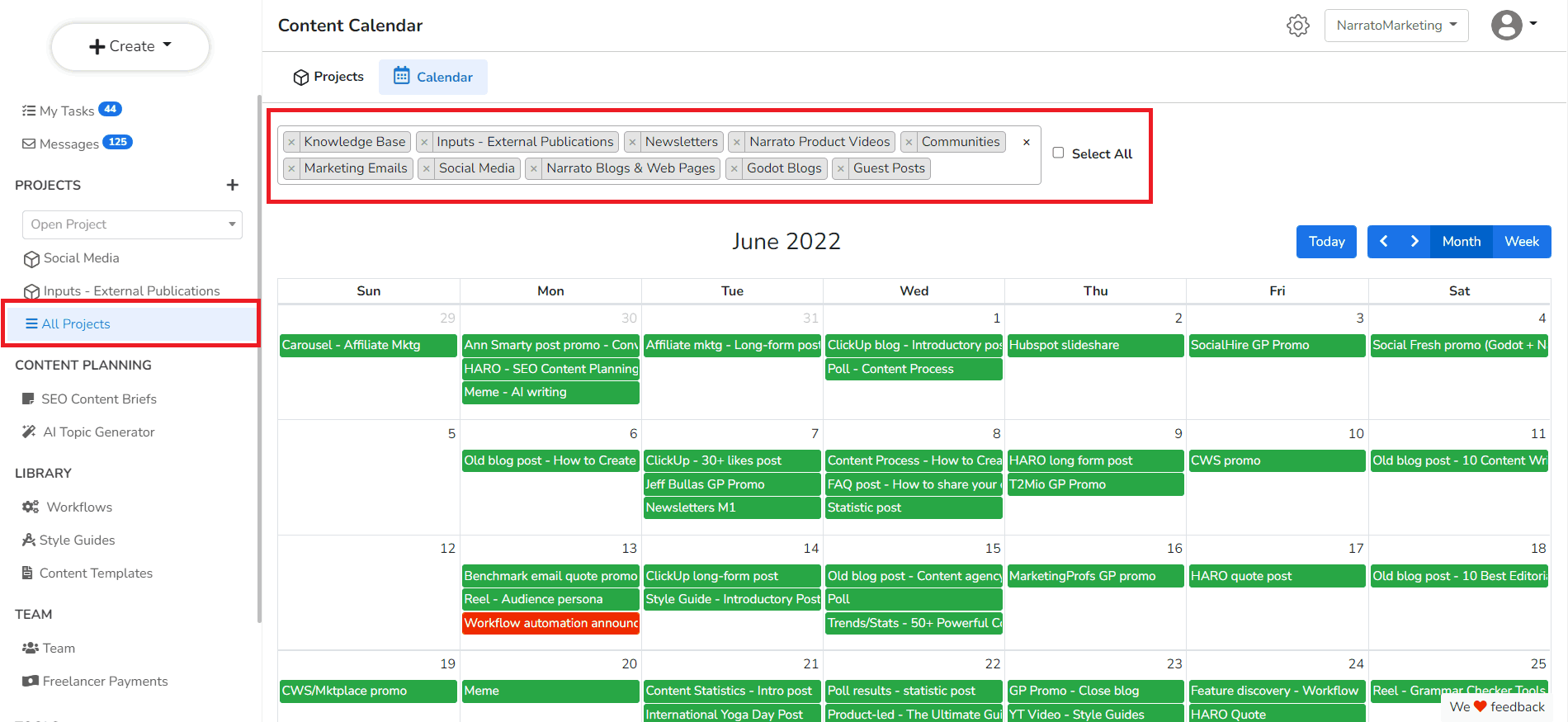 Narrato content calendar for planning and updating old blog posts