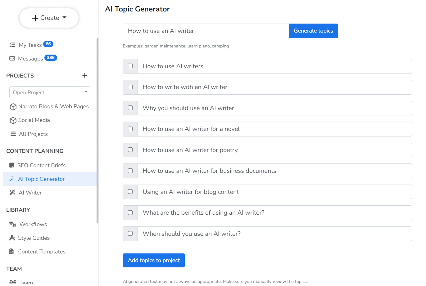 AI topic generator on Narrato