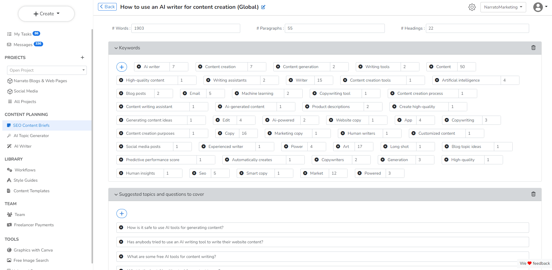 SEO content brief on Narrato