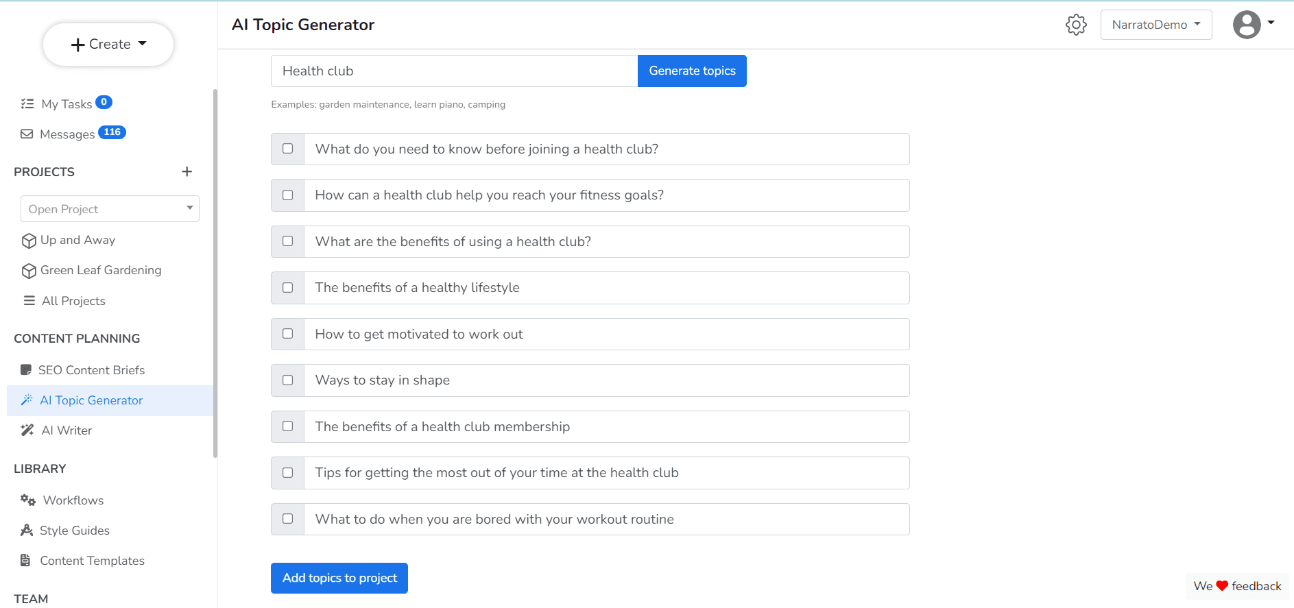 Narrato's AI topic generator