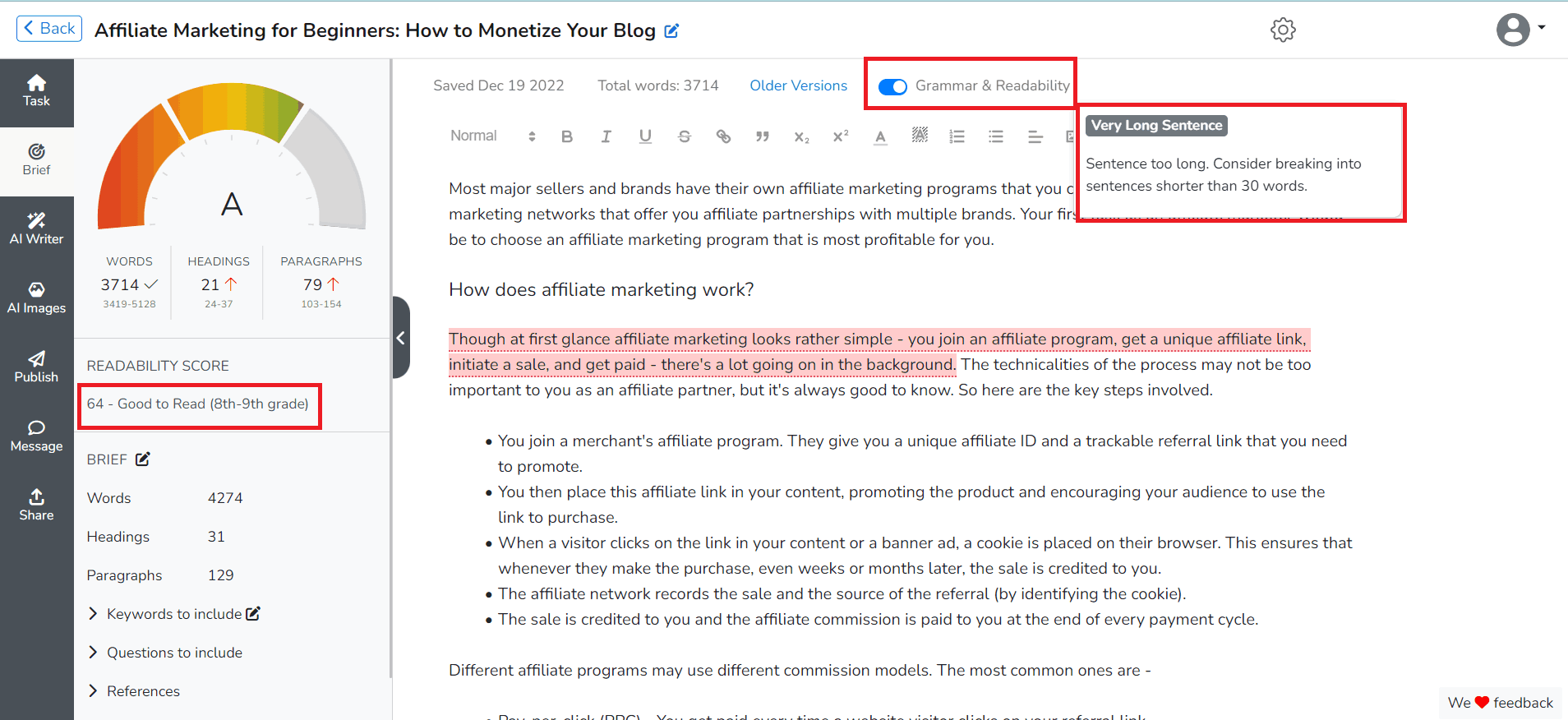 Narrato's grammar and readability tool for optimizing content during content SEO audit