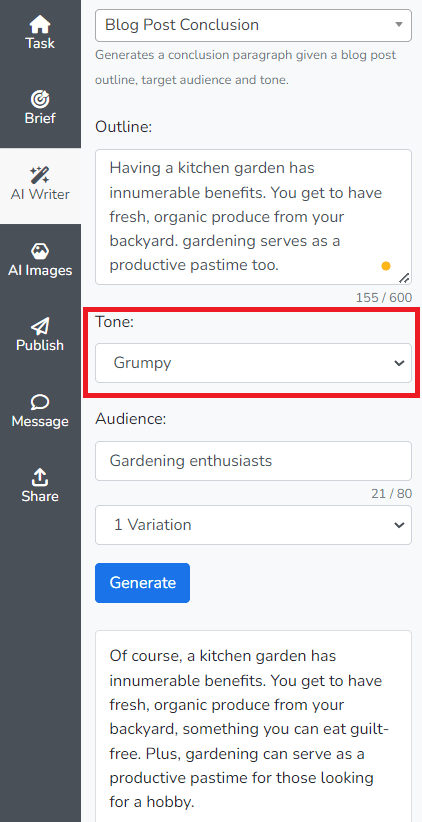 AI content creation on Narrato using a different tone of voice