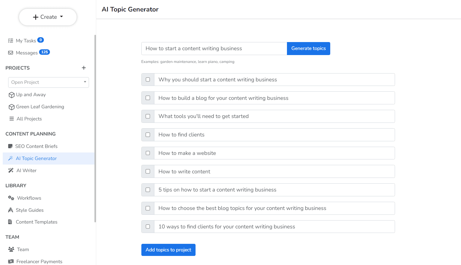 Narrato AI topic generator