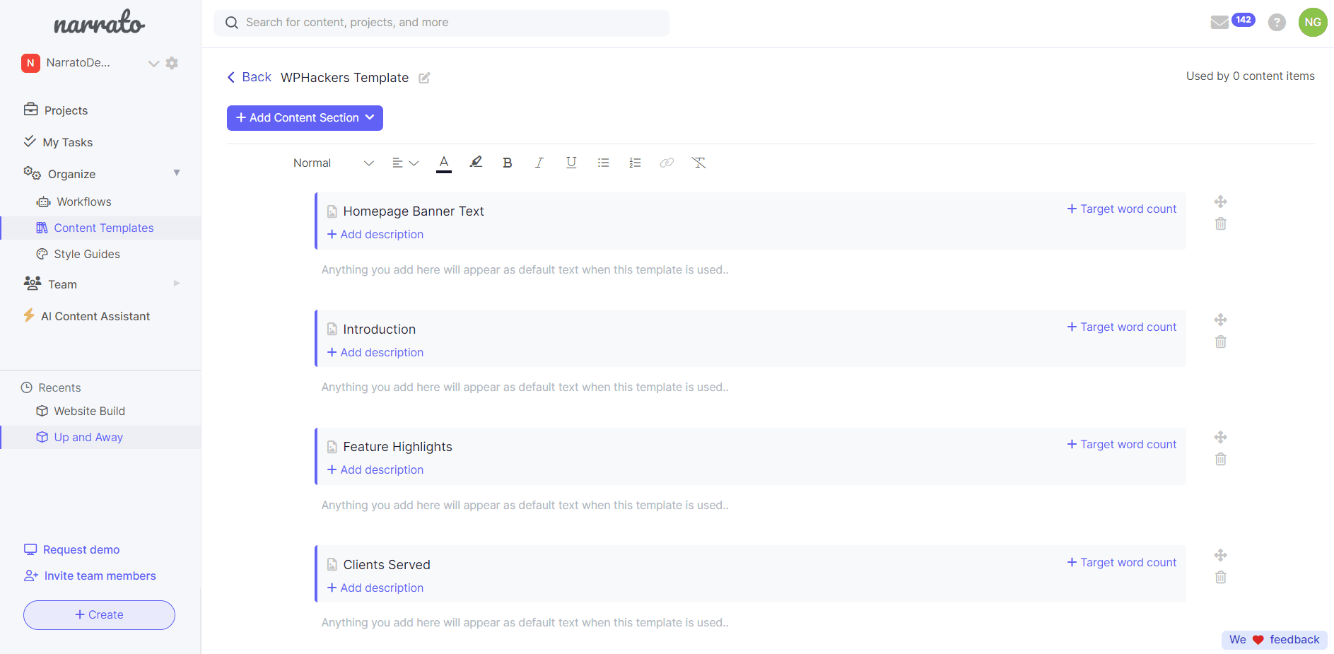 Narrato Workspace - Content templates