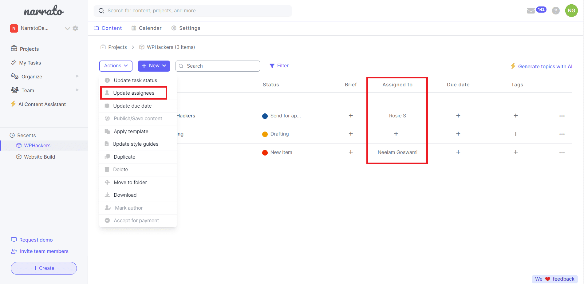 Narrato Workspace - Assign Task