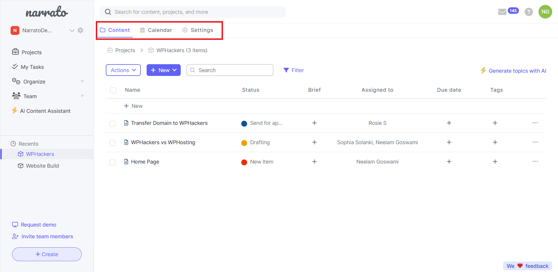 Narrato Workspace - Content Views