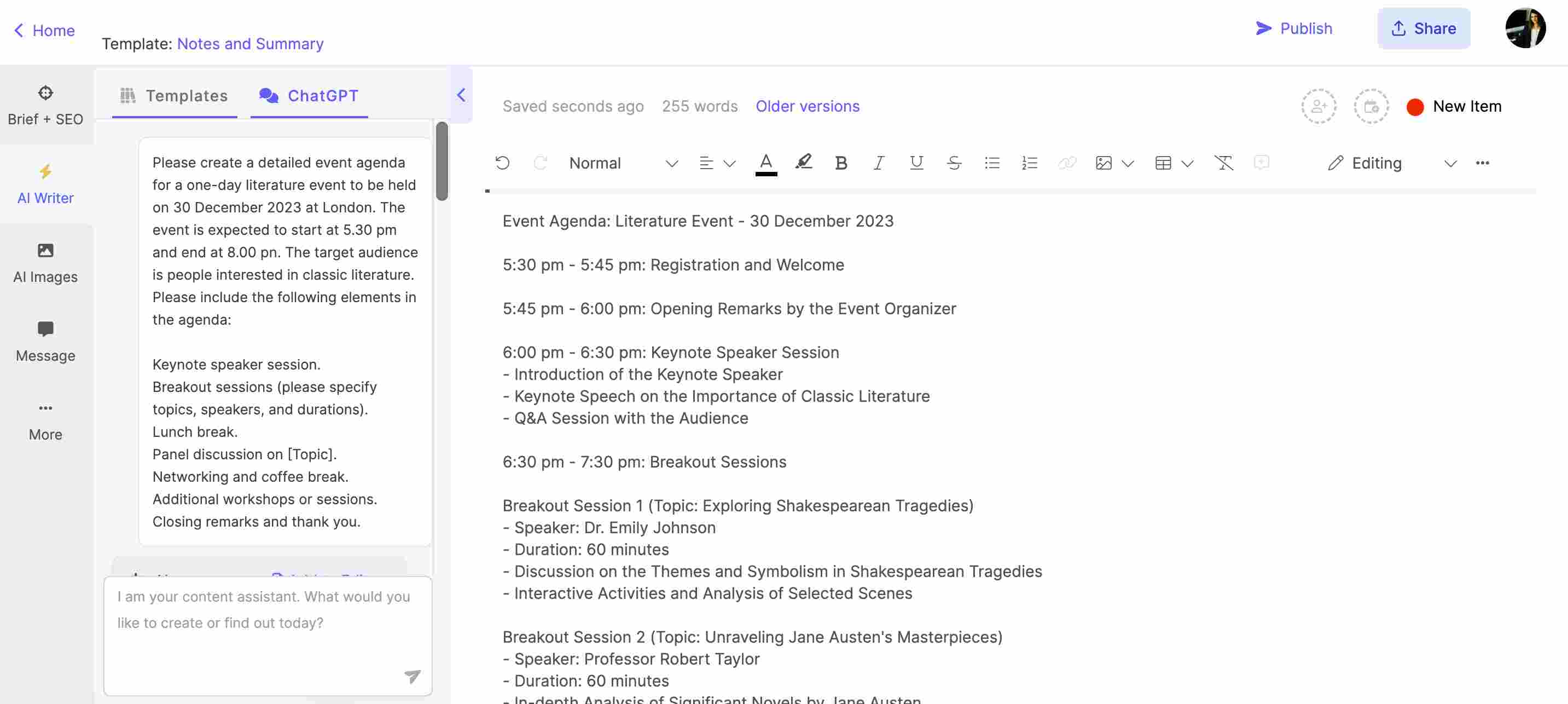 Using AI Chat for creating event agenda