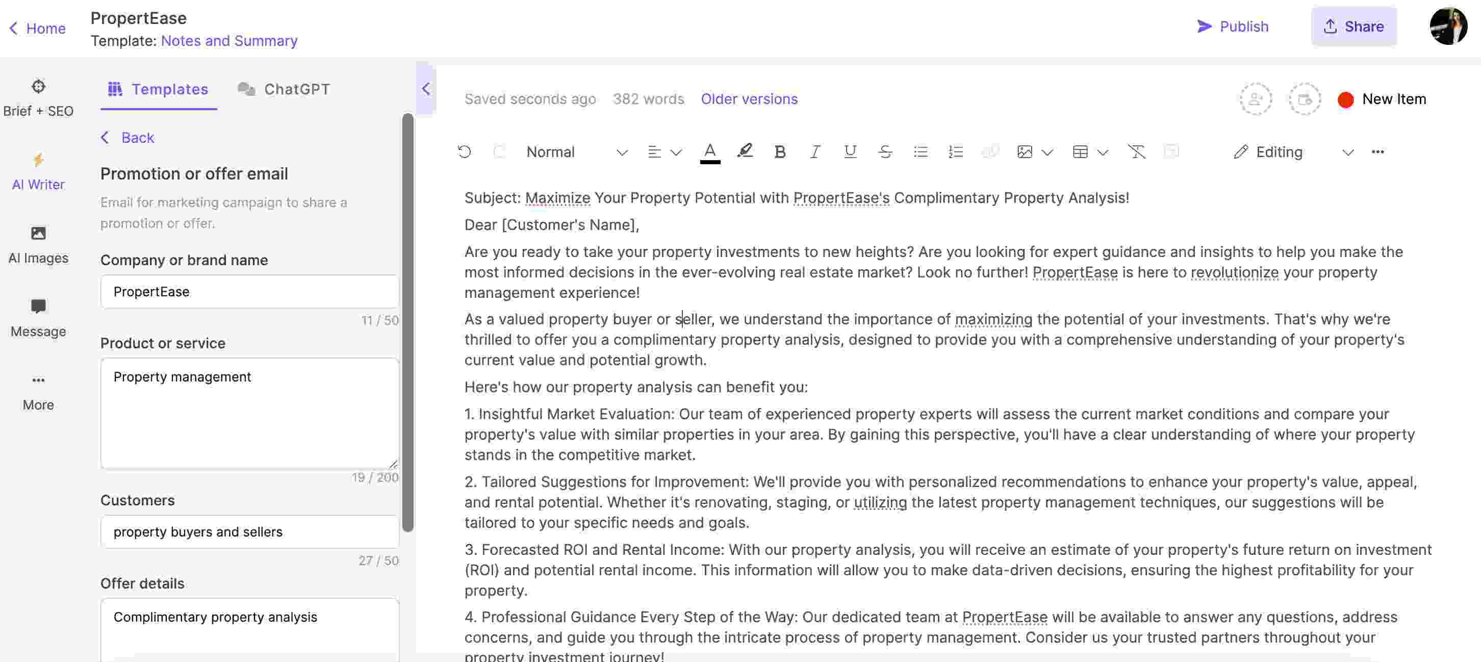 AI in real estate: Using Narrato's AI email writer to generate a promotional email