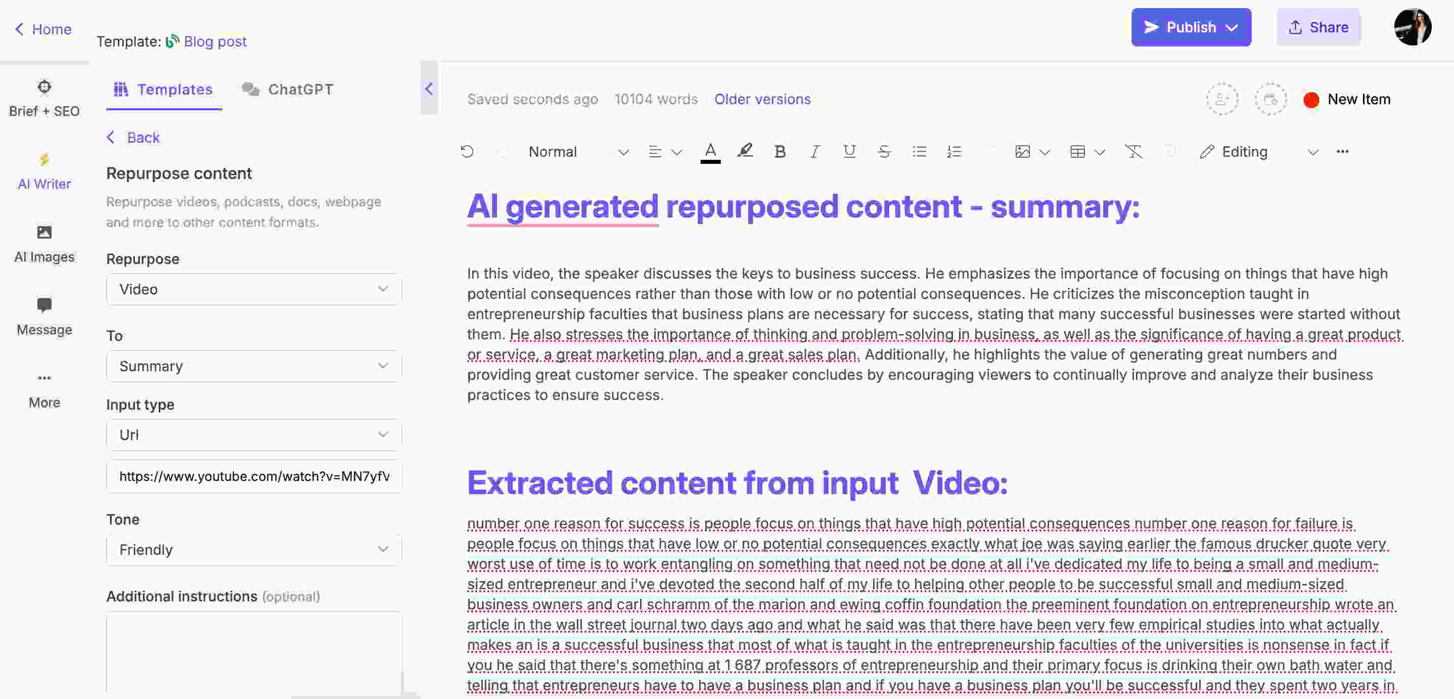 Creating video content summary with Narrato's AI content repurposing template