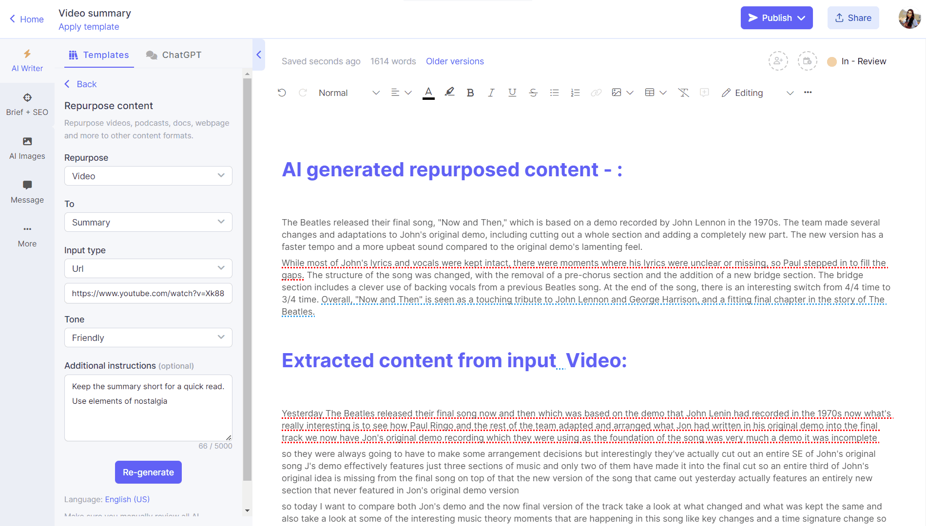Narrato AI content repurposing and AI summary generator tool