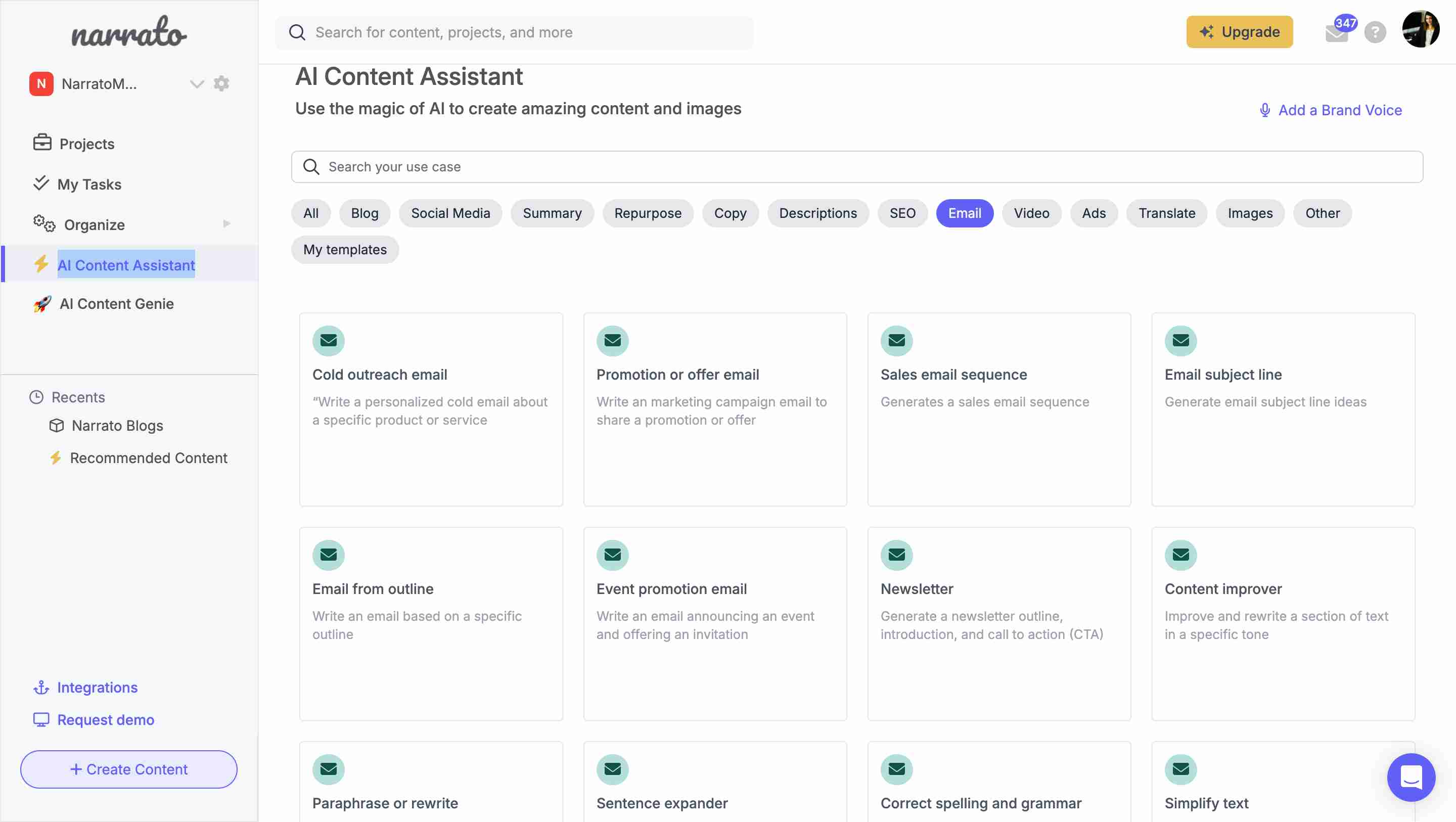 Narrato’s AI Email Writer templates