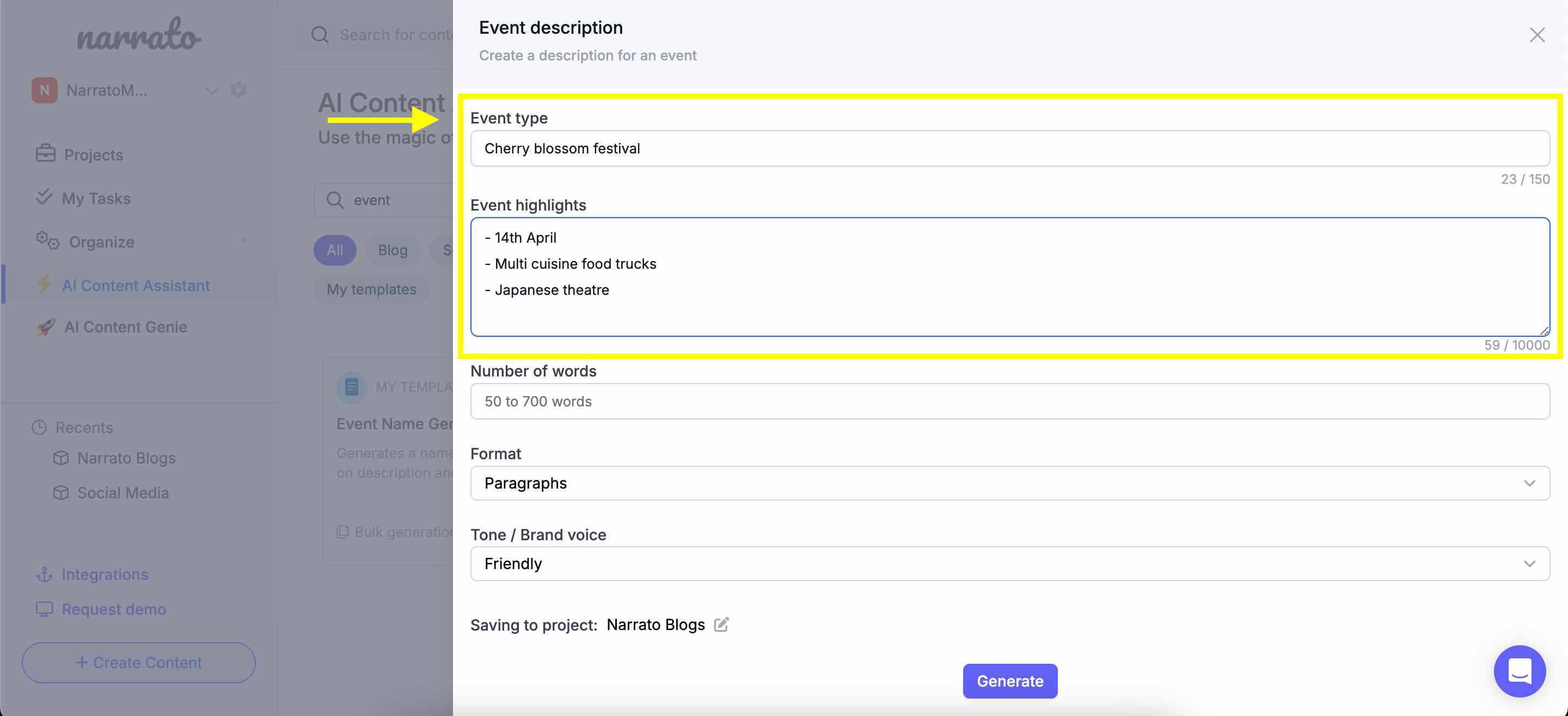 Specifying event details in the AI event description generator
