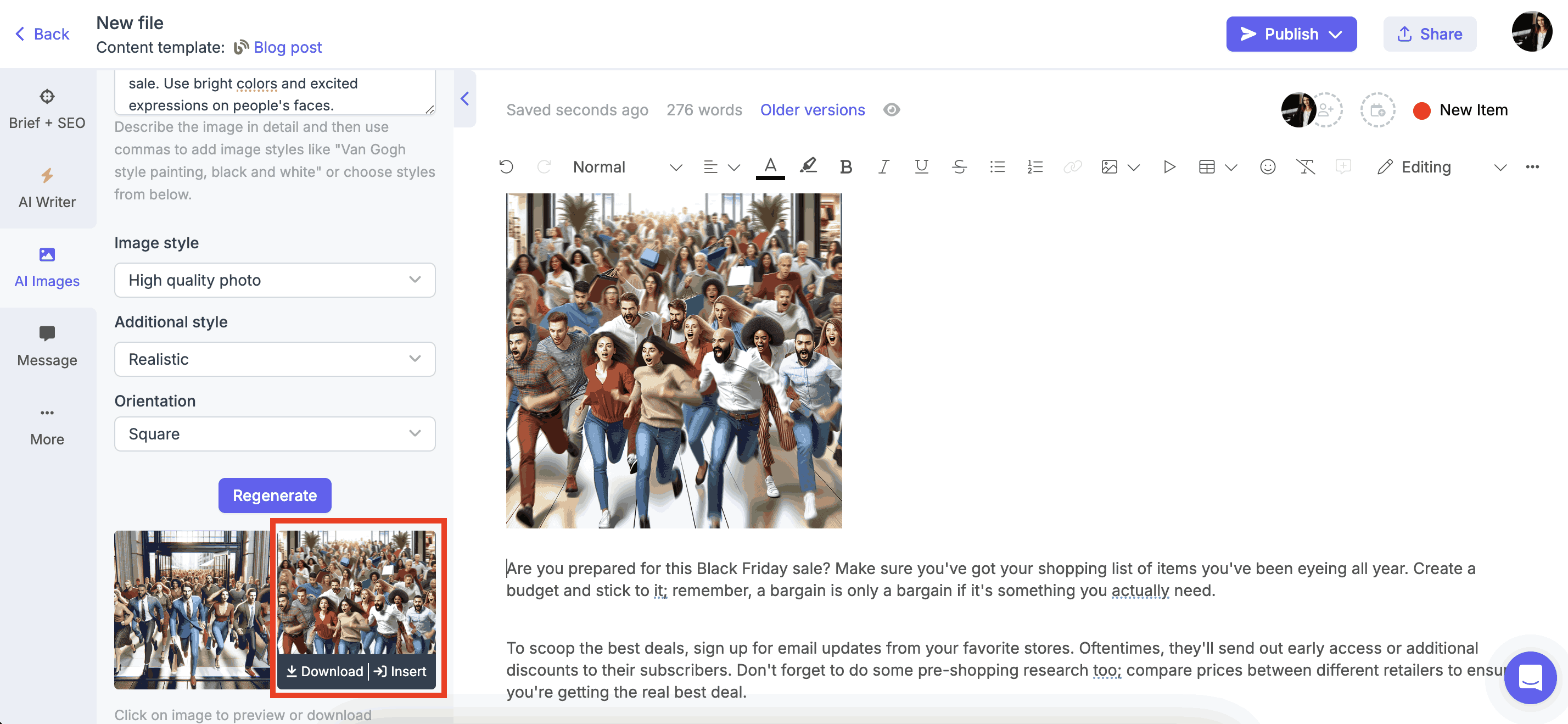 Insert the AI-generated image on Narrato’s content editor