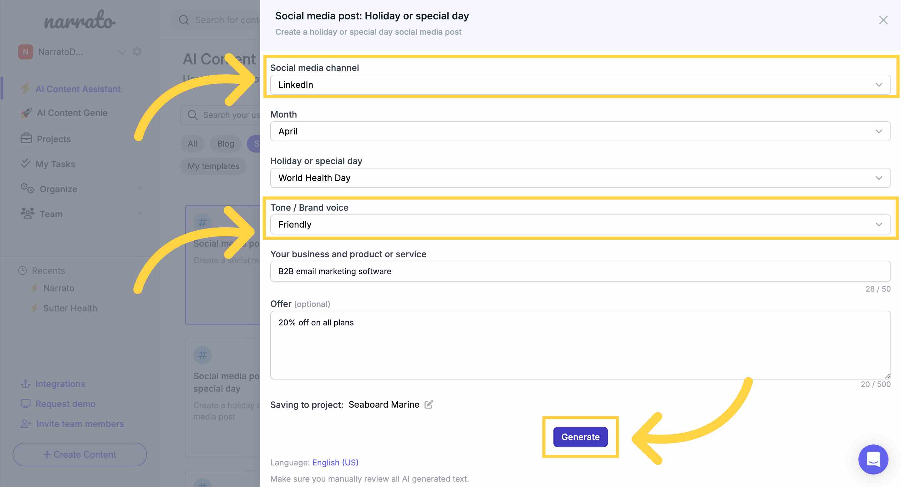 Specifying your social platform & desired tone in the AI social media post generator