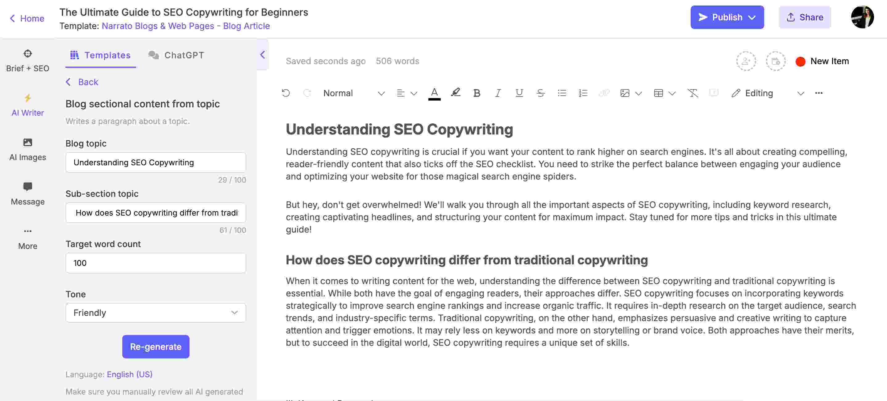 Generating sectional content using Narrato AI writer