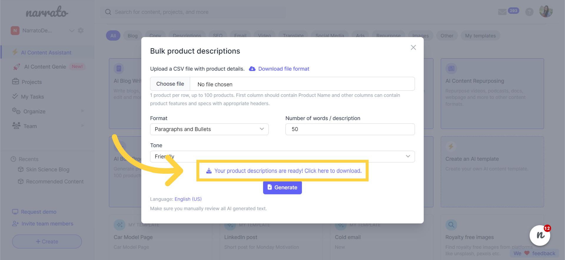 Download the AI-generated product descriptions in a downloadable sheet