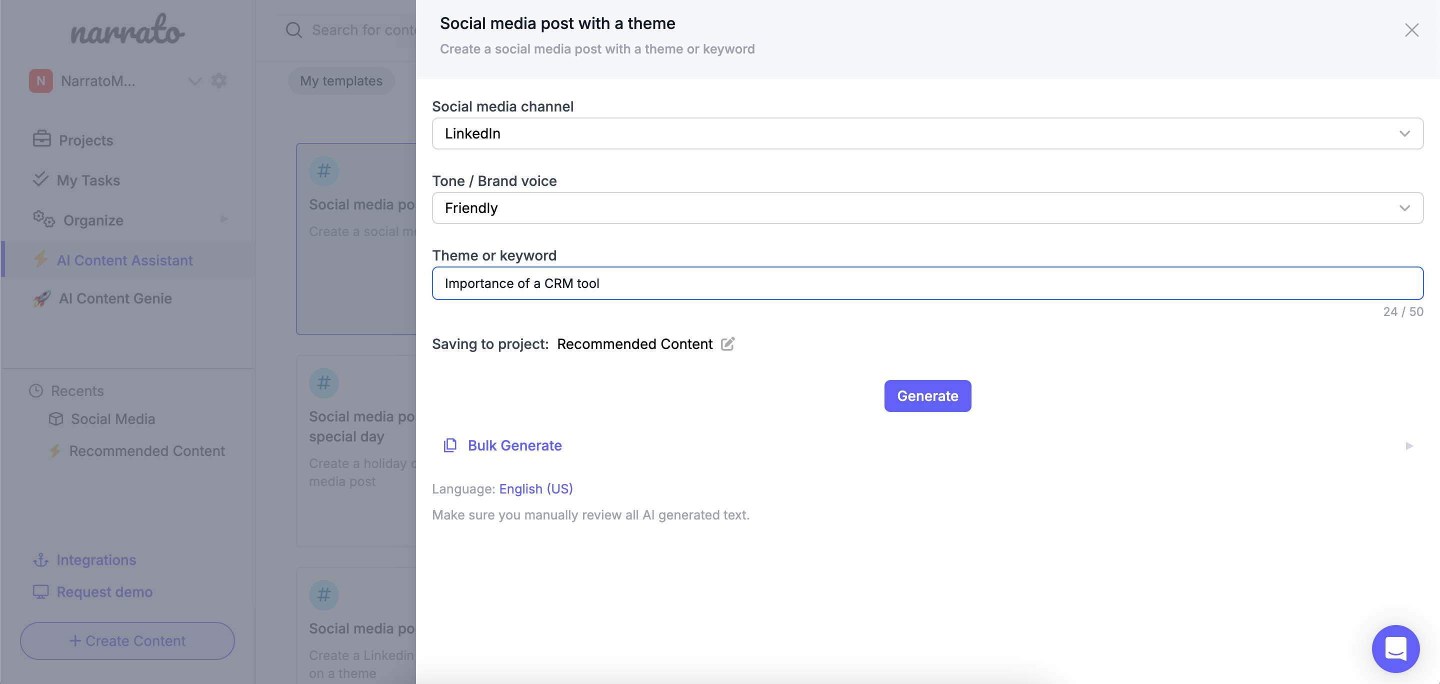 Entering specifics in the AI social media post generator template