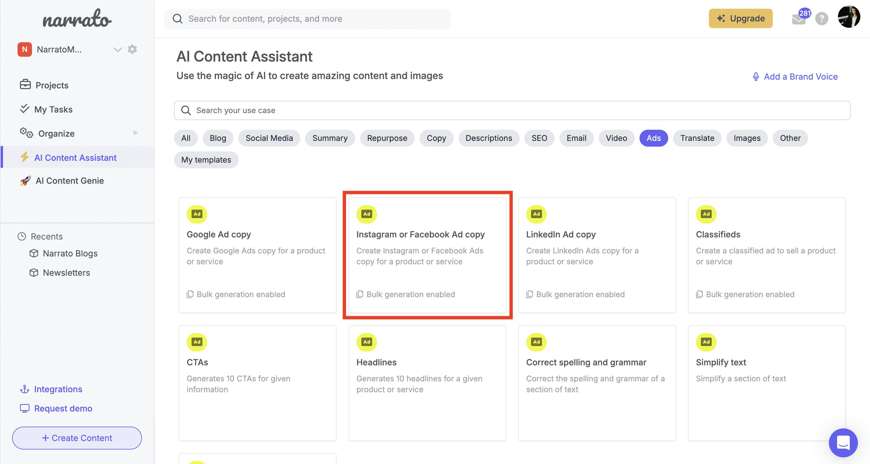 Narrato's AI Facebook and Instagram ads generator on the AI Content Assistant