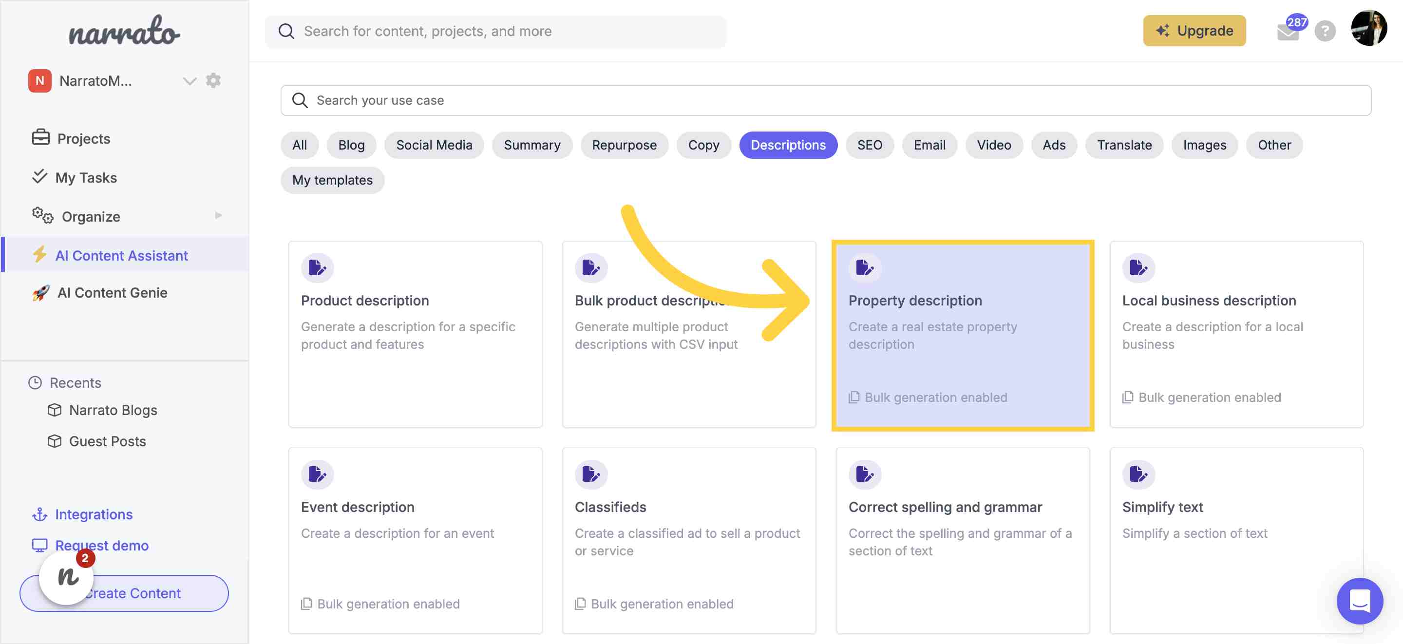 Finding the AI property description generator under AI Content Assistant