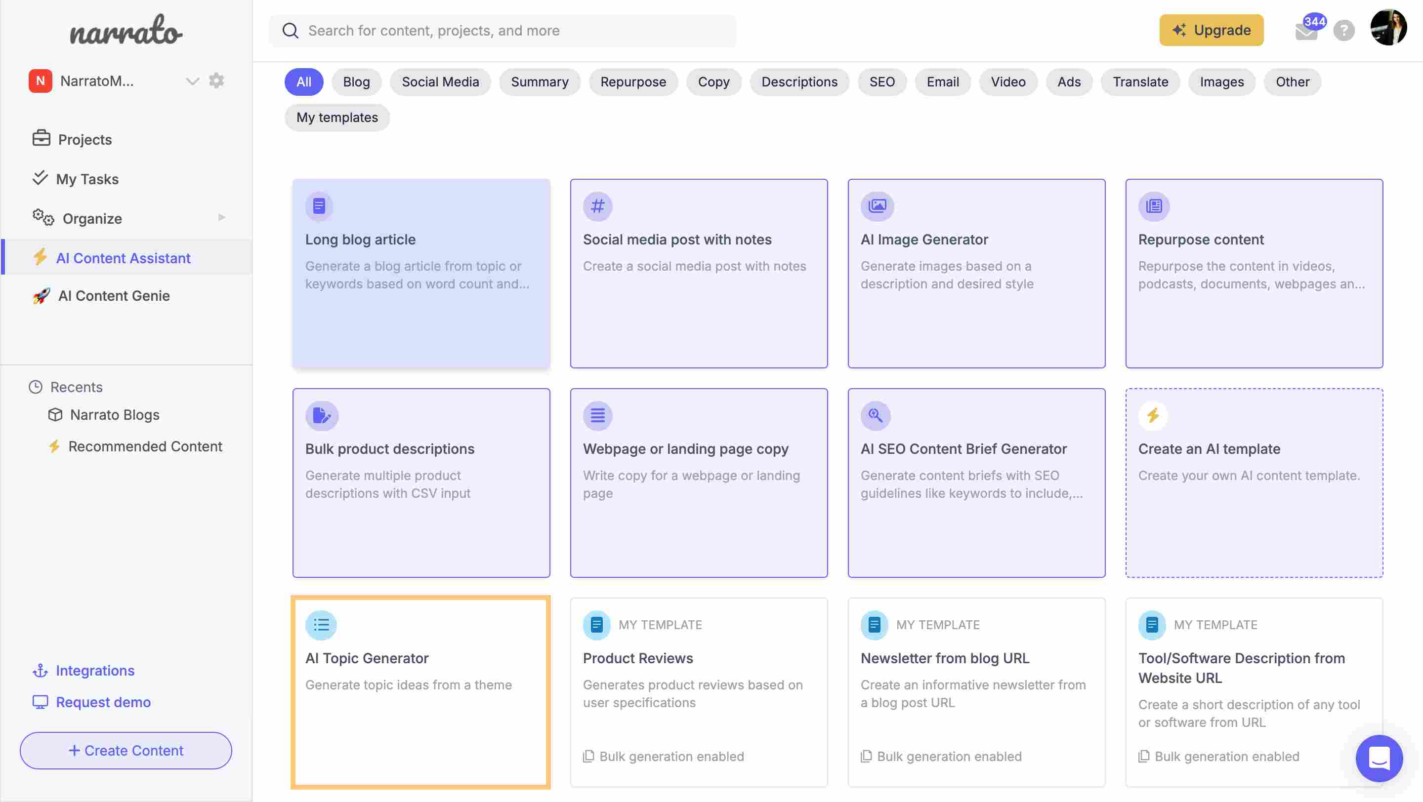 Narrato’s AI content ideas and topics generator