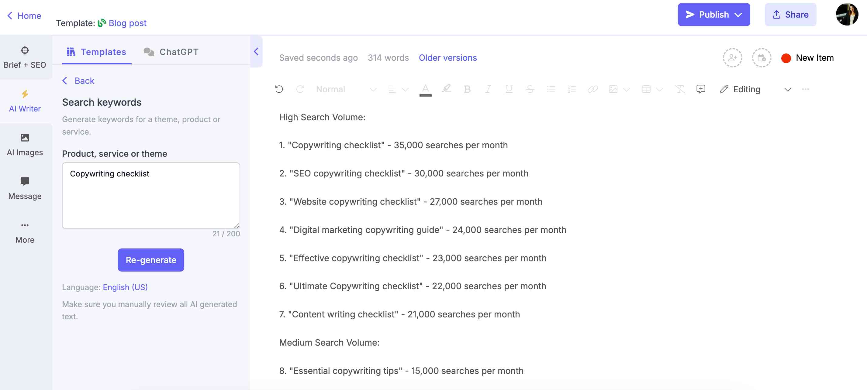 Using Narrato’s AI keyword generator for creating SEO blog keyword list