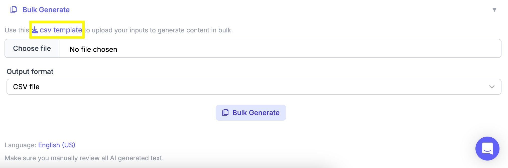 Downloading the CSV template for bulk content generation
