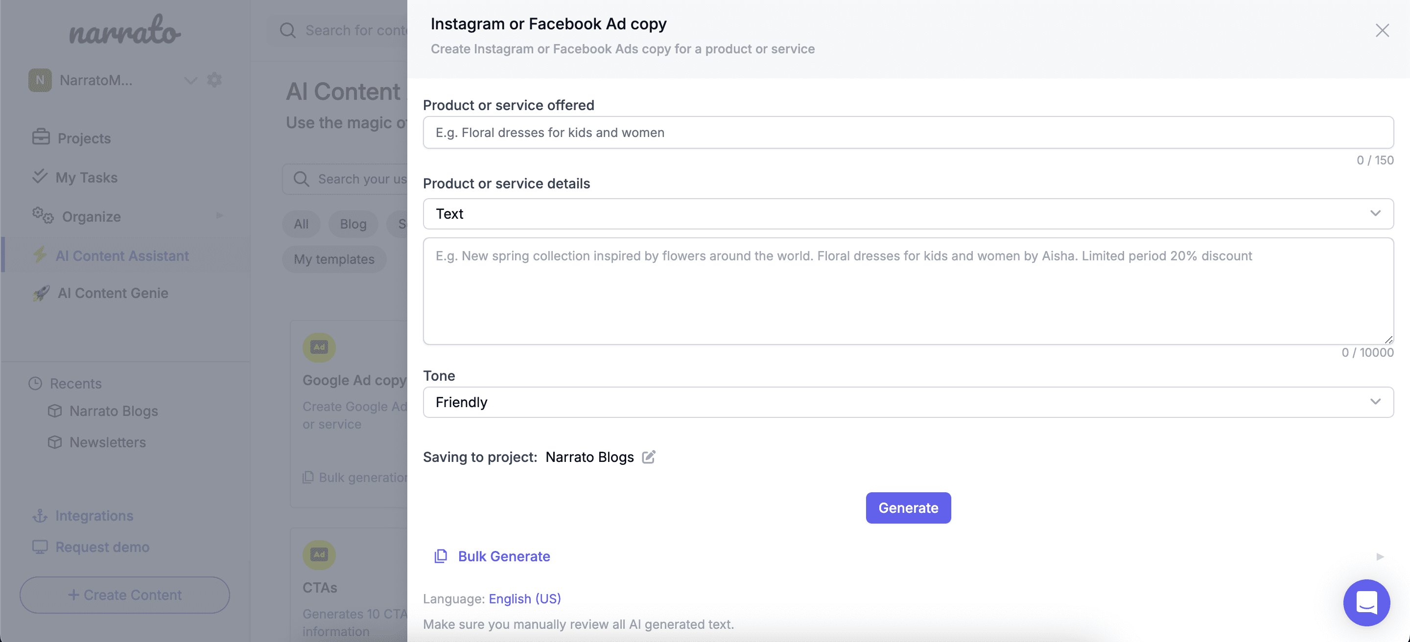 Narrato's AI Facebook and Instagram ads generation tool