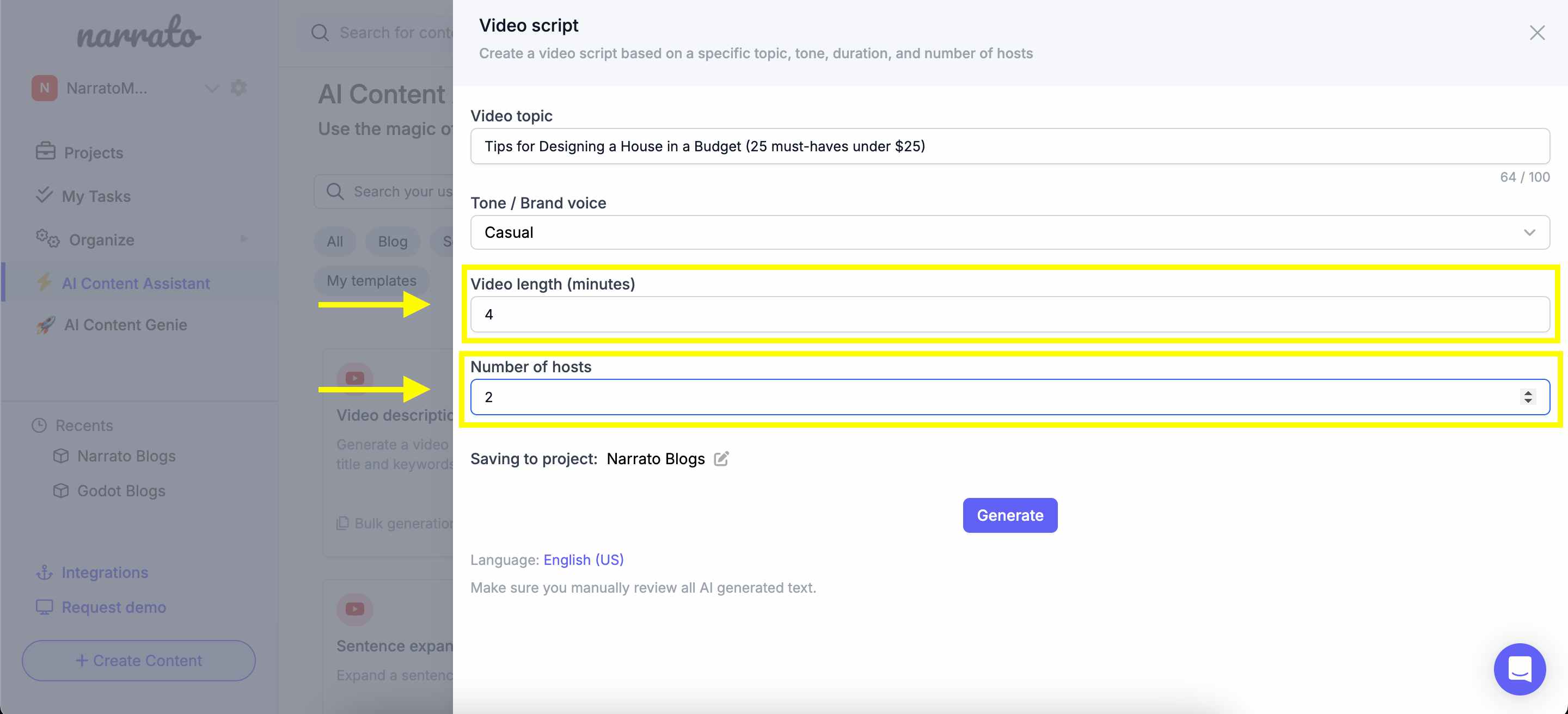 Specifying the video length and number of hosts