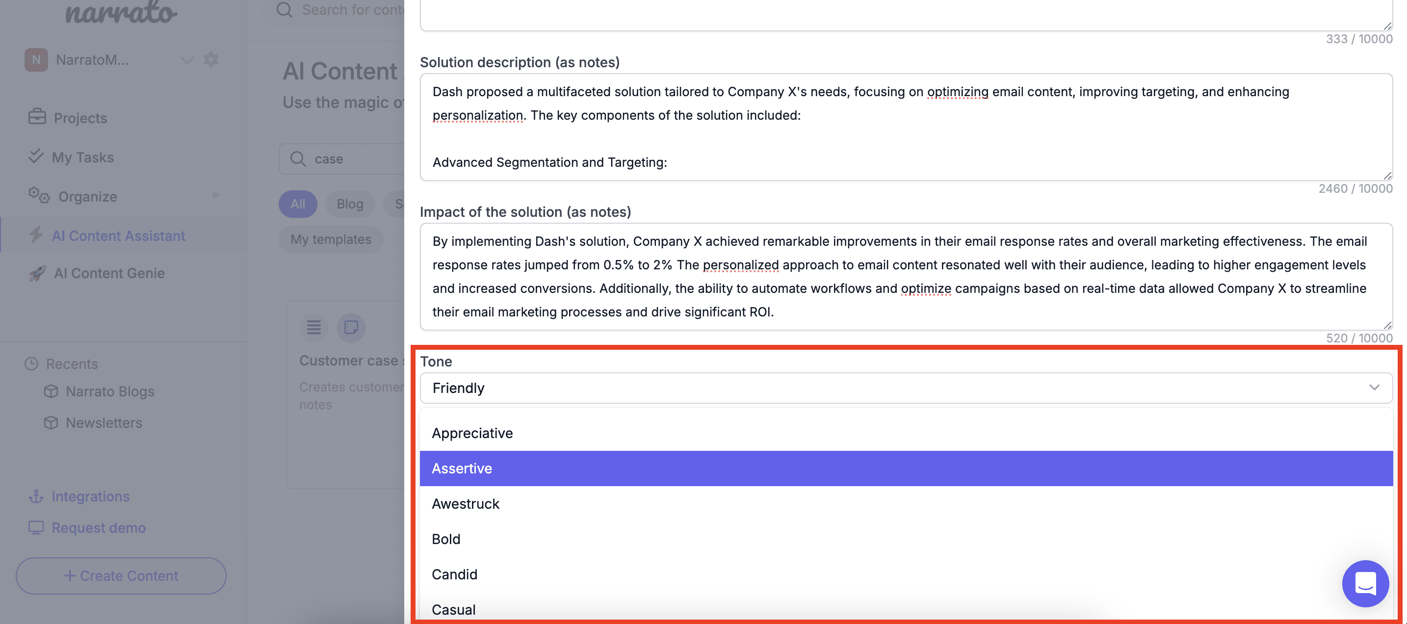 Choosing the tone for the AI-generated case study