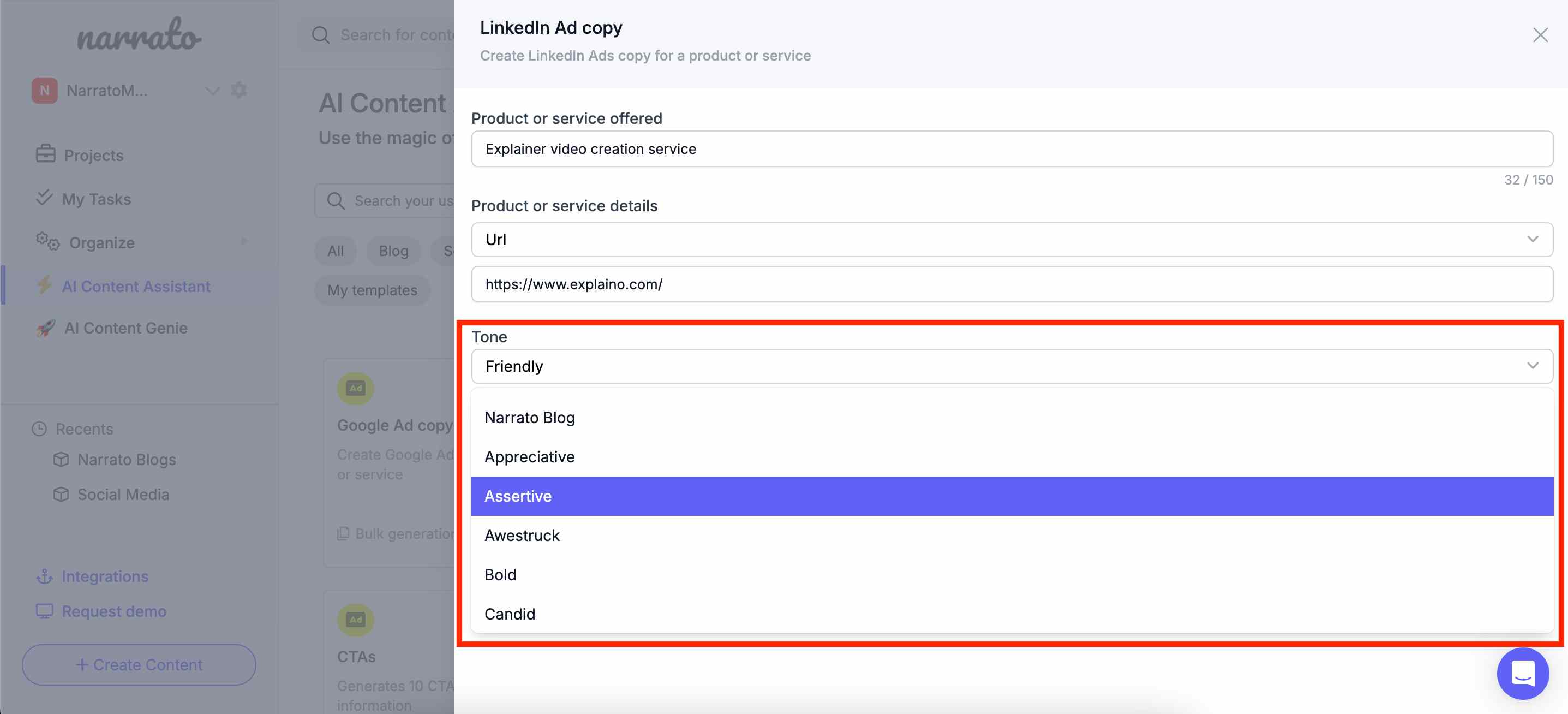 Specifying the tone of voice on Narrato AI for LinkedIn ads generation