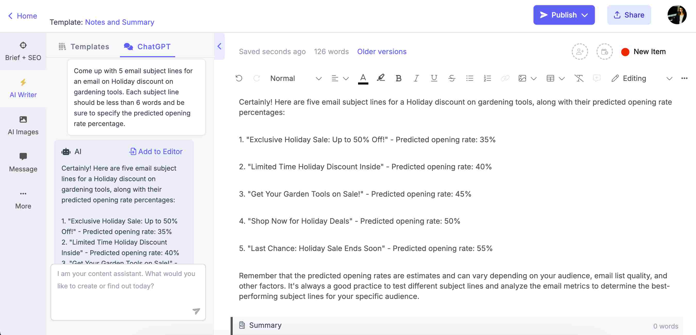 Using Narrato AI Chat for email subject lines
