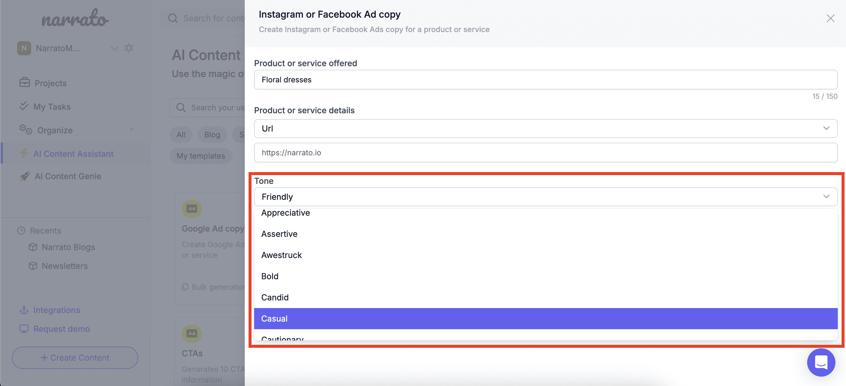 Choosing tone of voice for the AI Facebook and Instagram ads generator