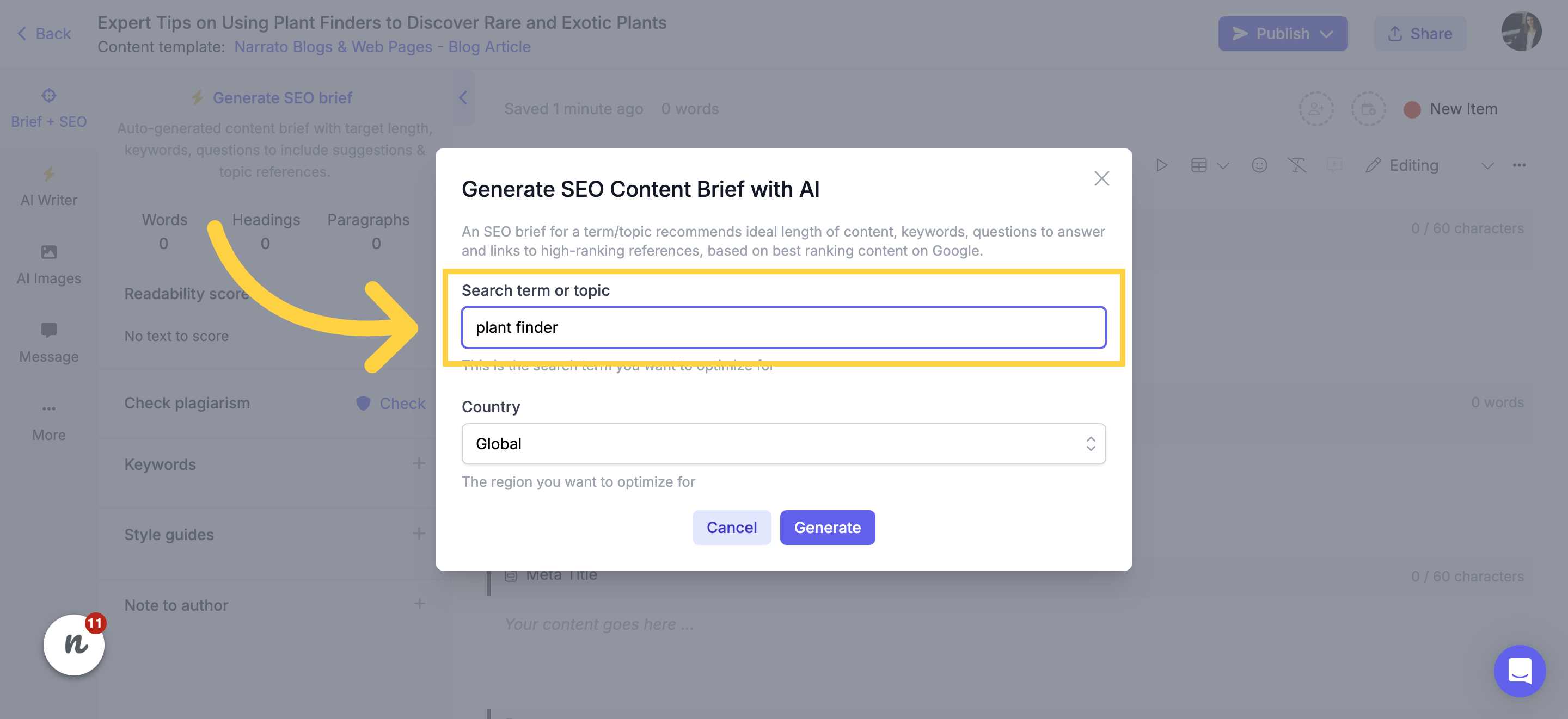 Generating the SEO brief with keyword