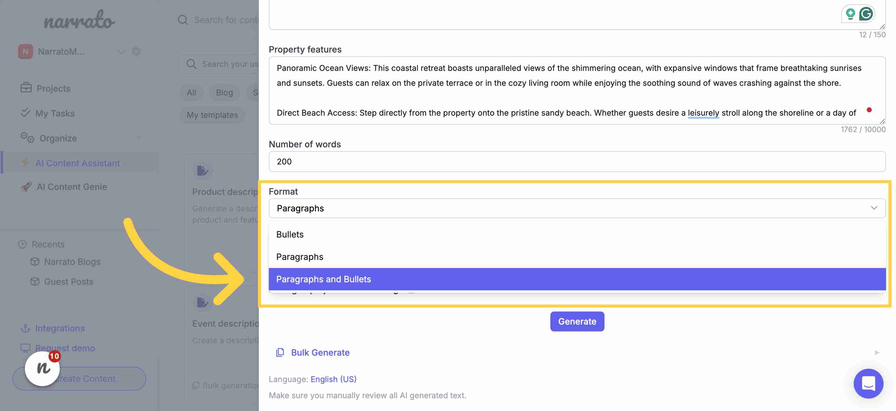 Selecting the format for the property description