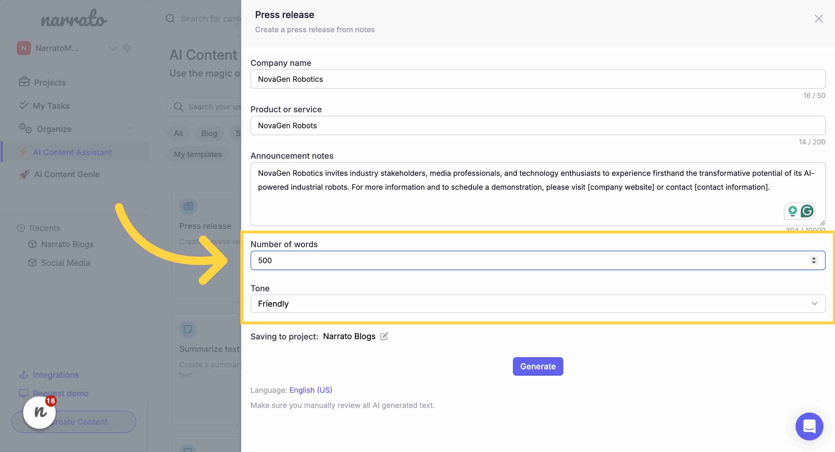 Set the length and custom brand voice on the platform