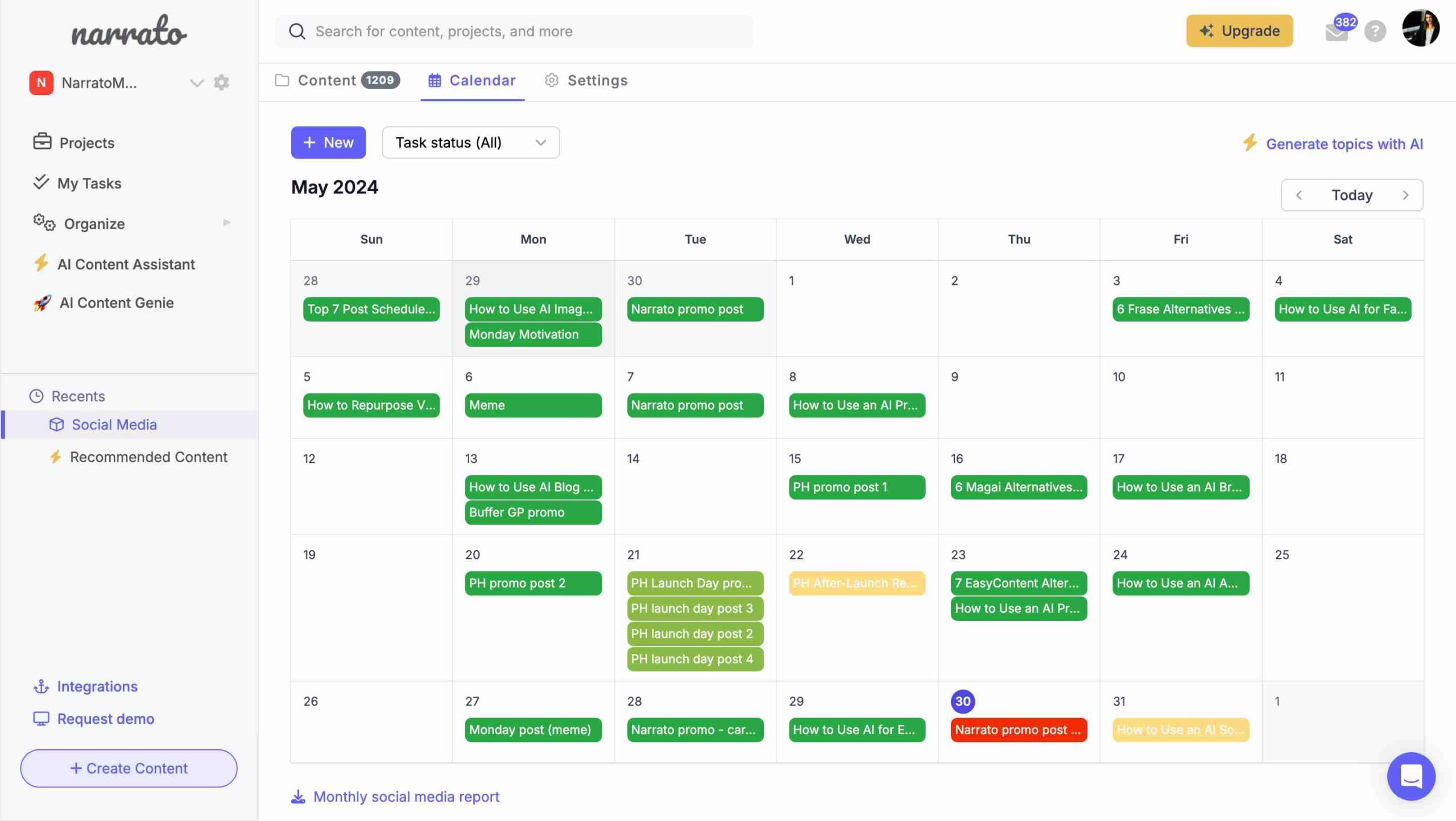 Content calendar on Narrato