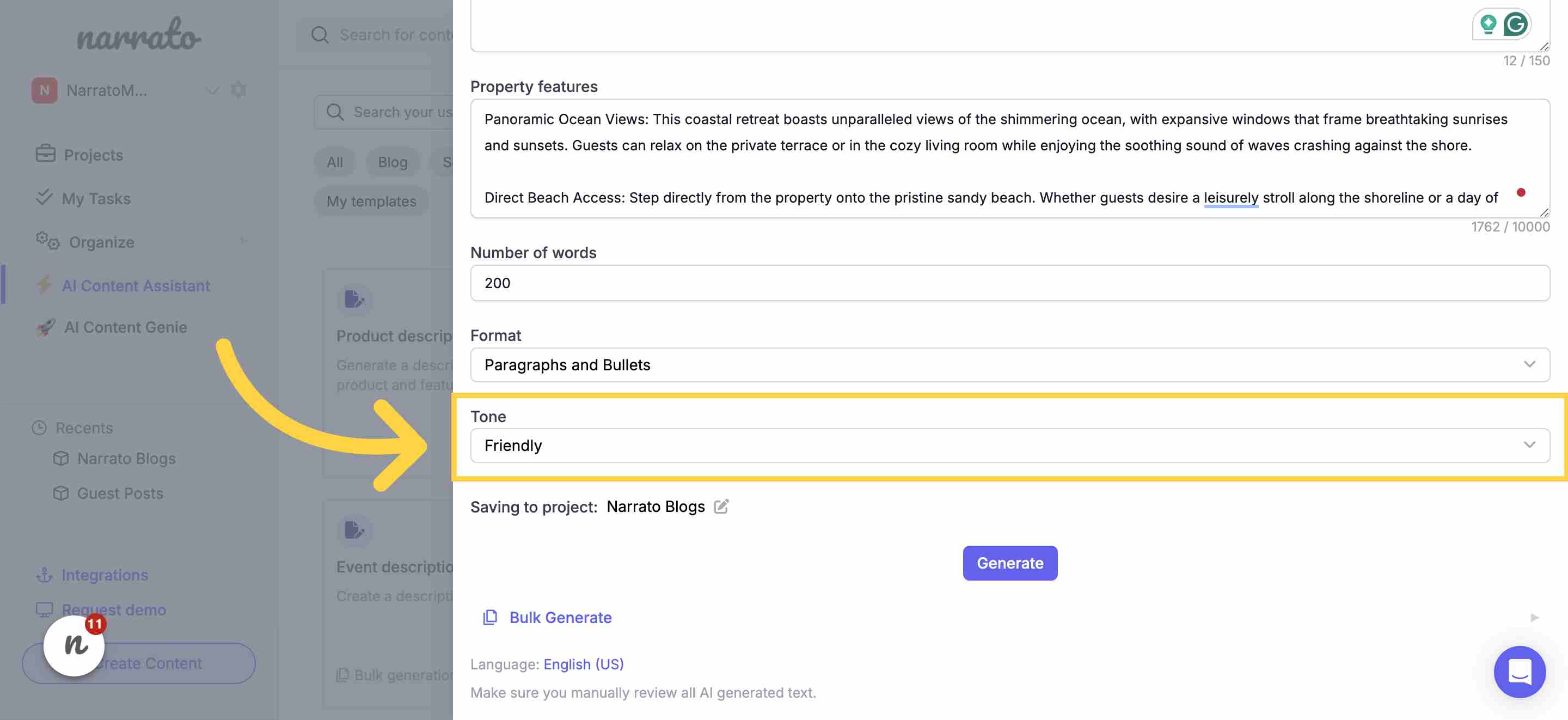 Selecting the tone for the property description