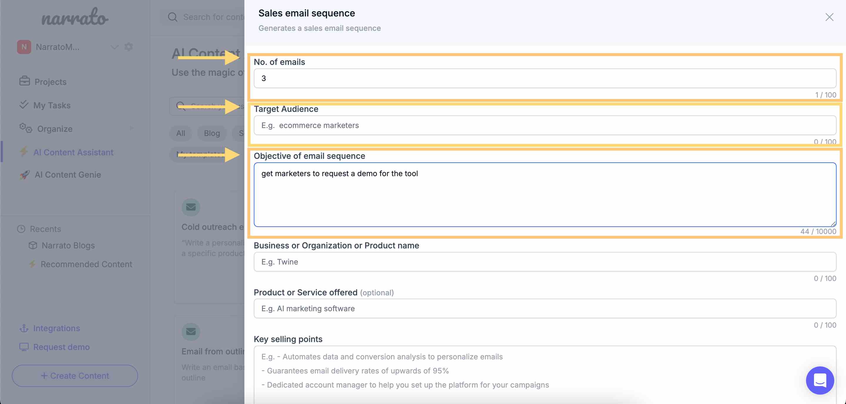 Specifying the objective, target audience, and no. of emails for the sequence