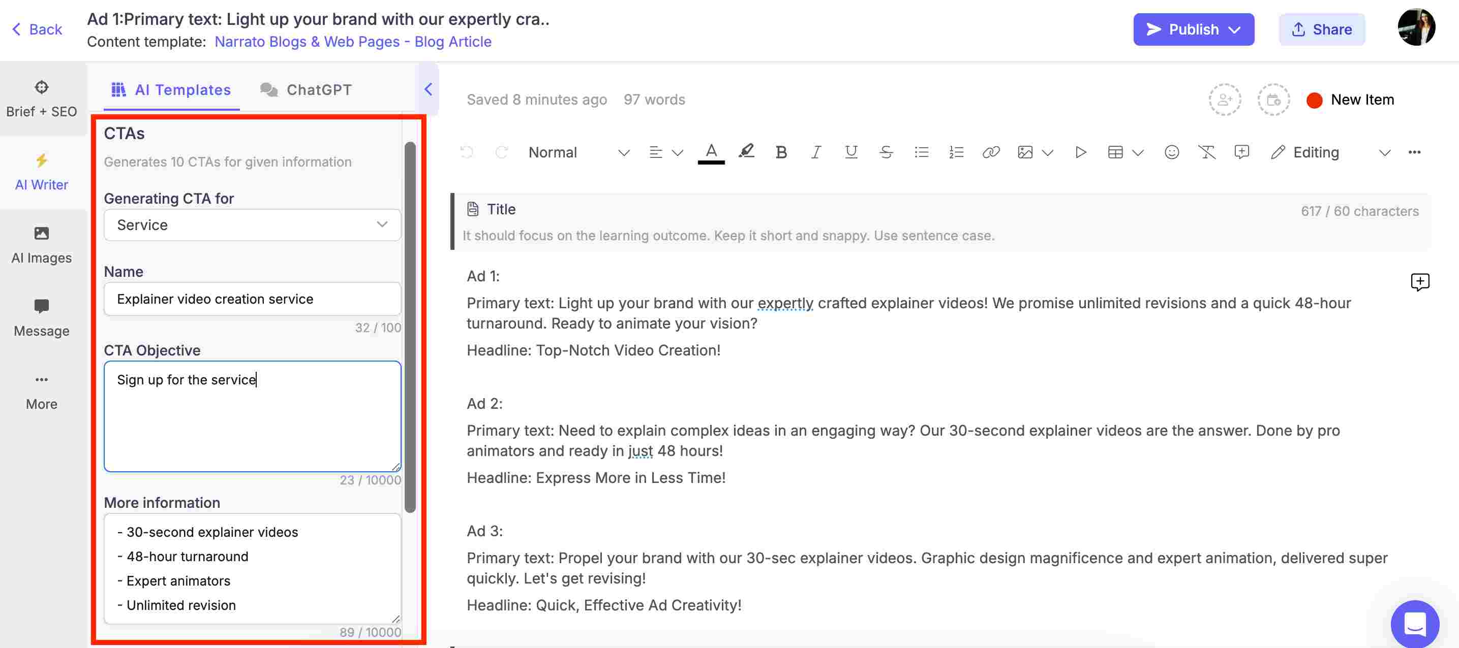 Using Narrato’s AI CTA Generator