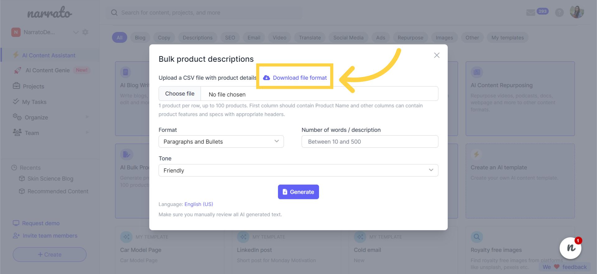Download the CSV file template for filling in product descriptions