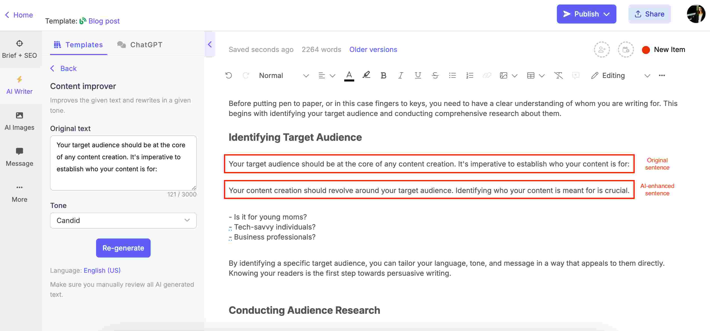 Using Narrato’s AI Content Improver to rework sentences