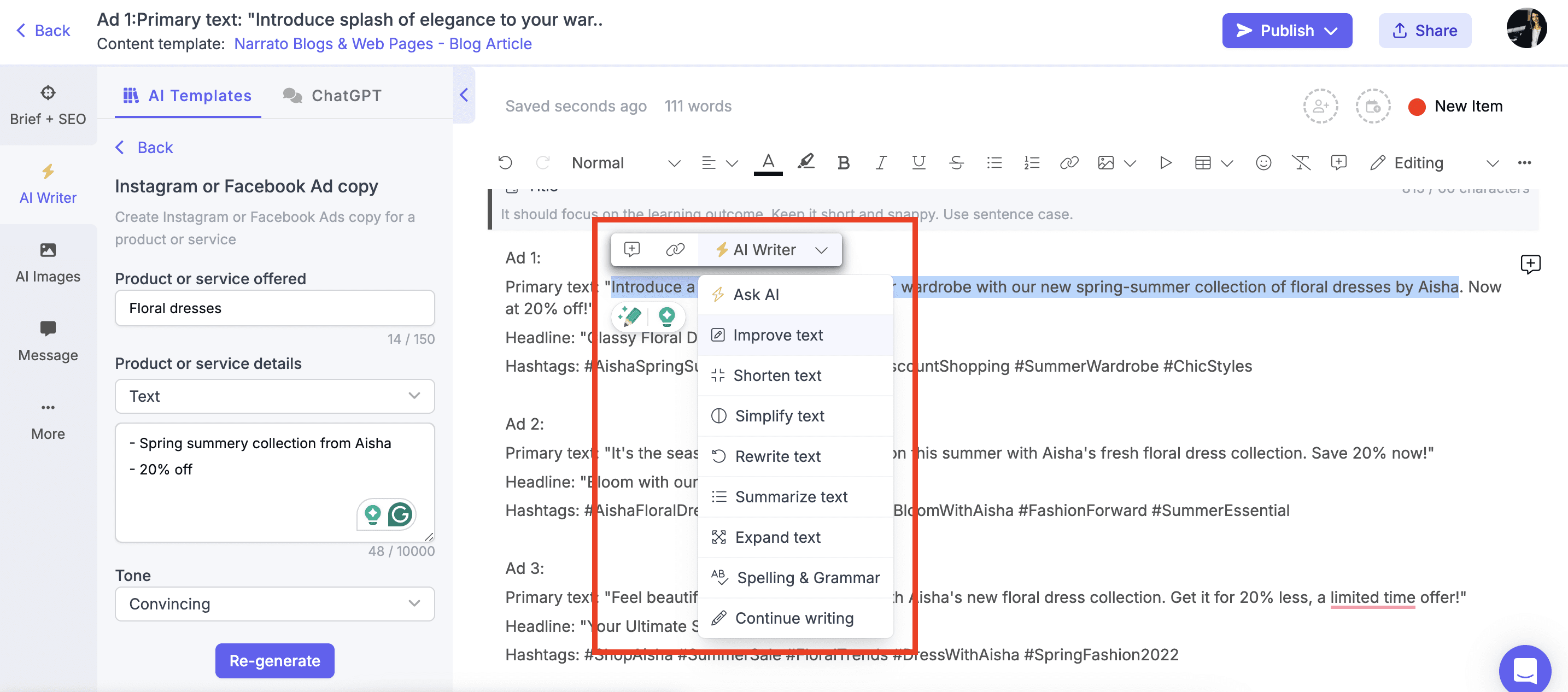 Using the in-line AI writer to refine the ad