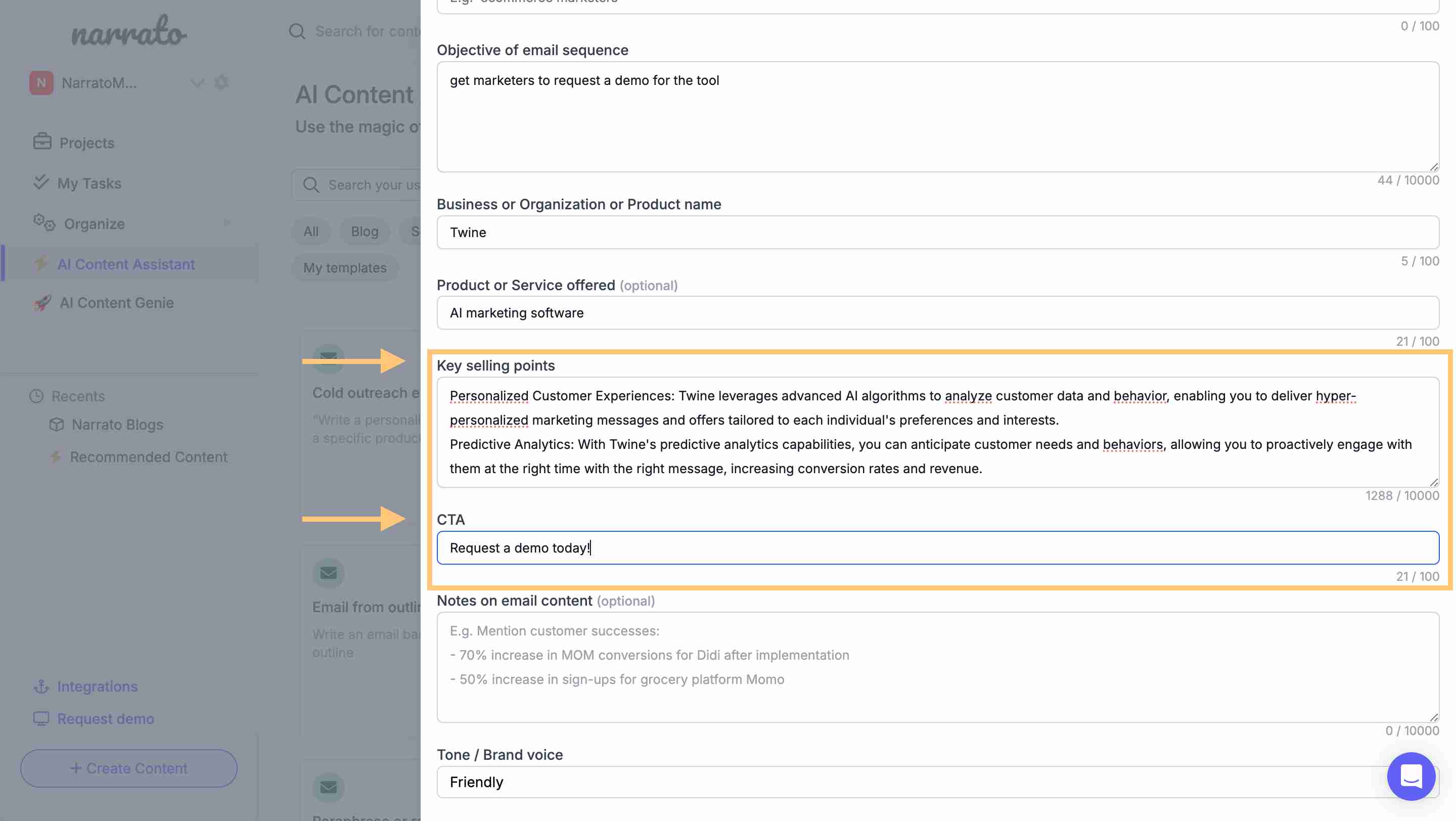 Adding key selling points and CTA to include in emails