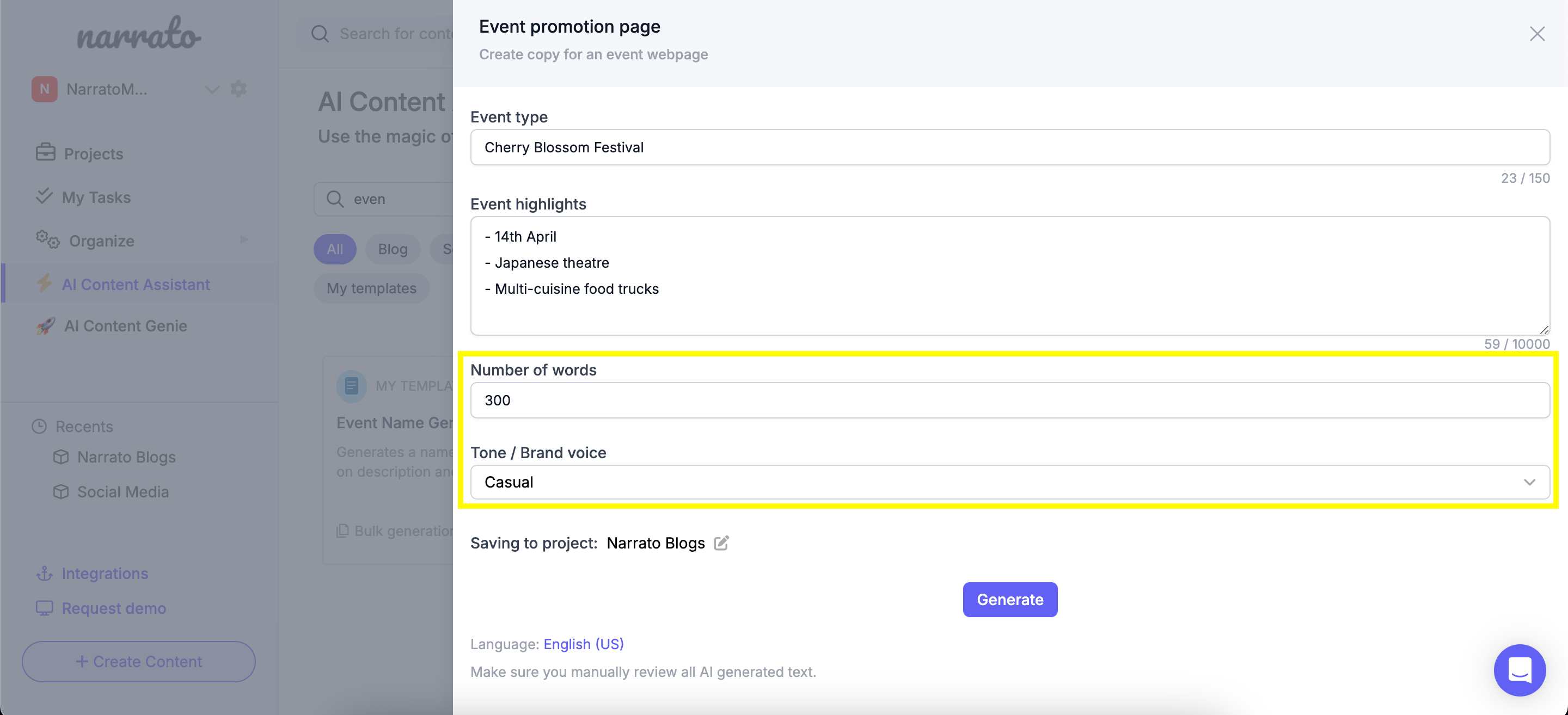 Specifying the length of the webpage to the AI event promotion webpage generator
