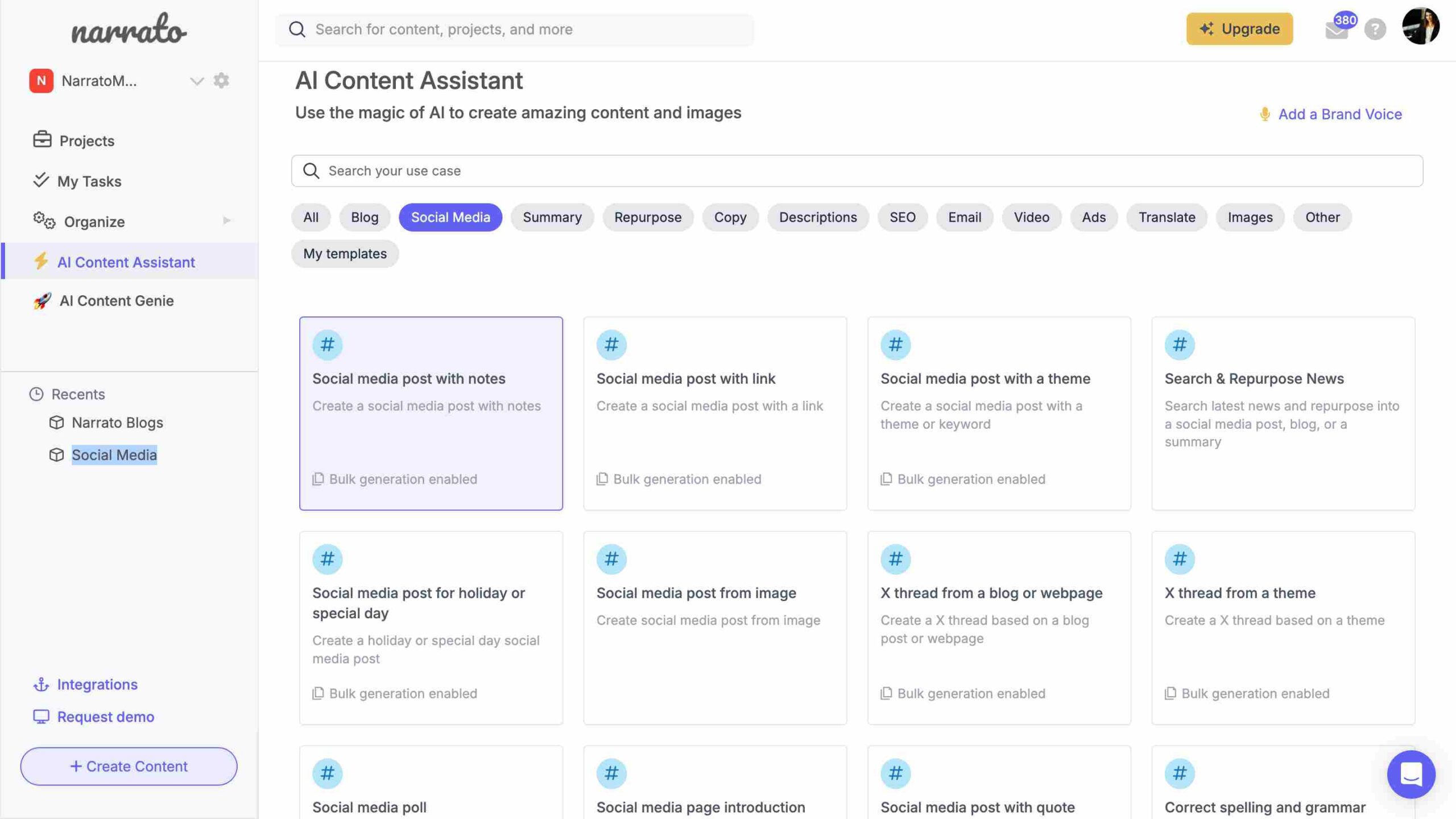 Narrato AI social media post generator templates