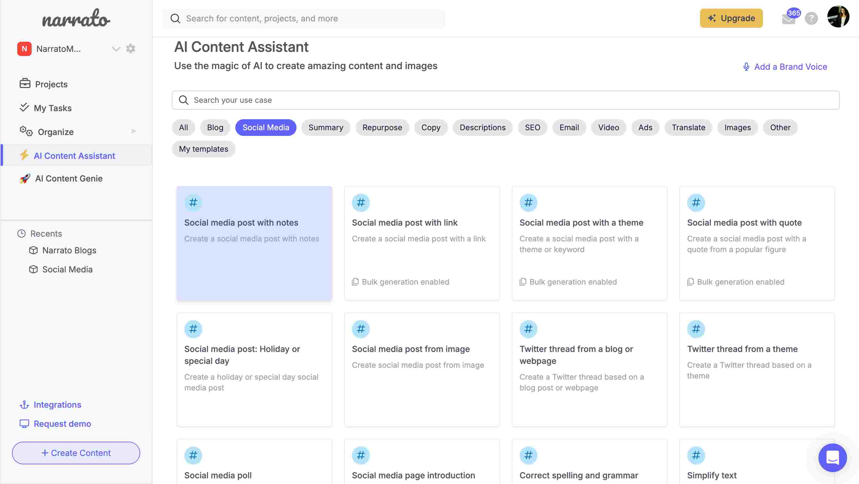 Narrato's AI content assistant with social media post generation templates